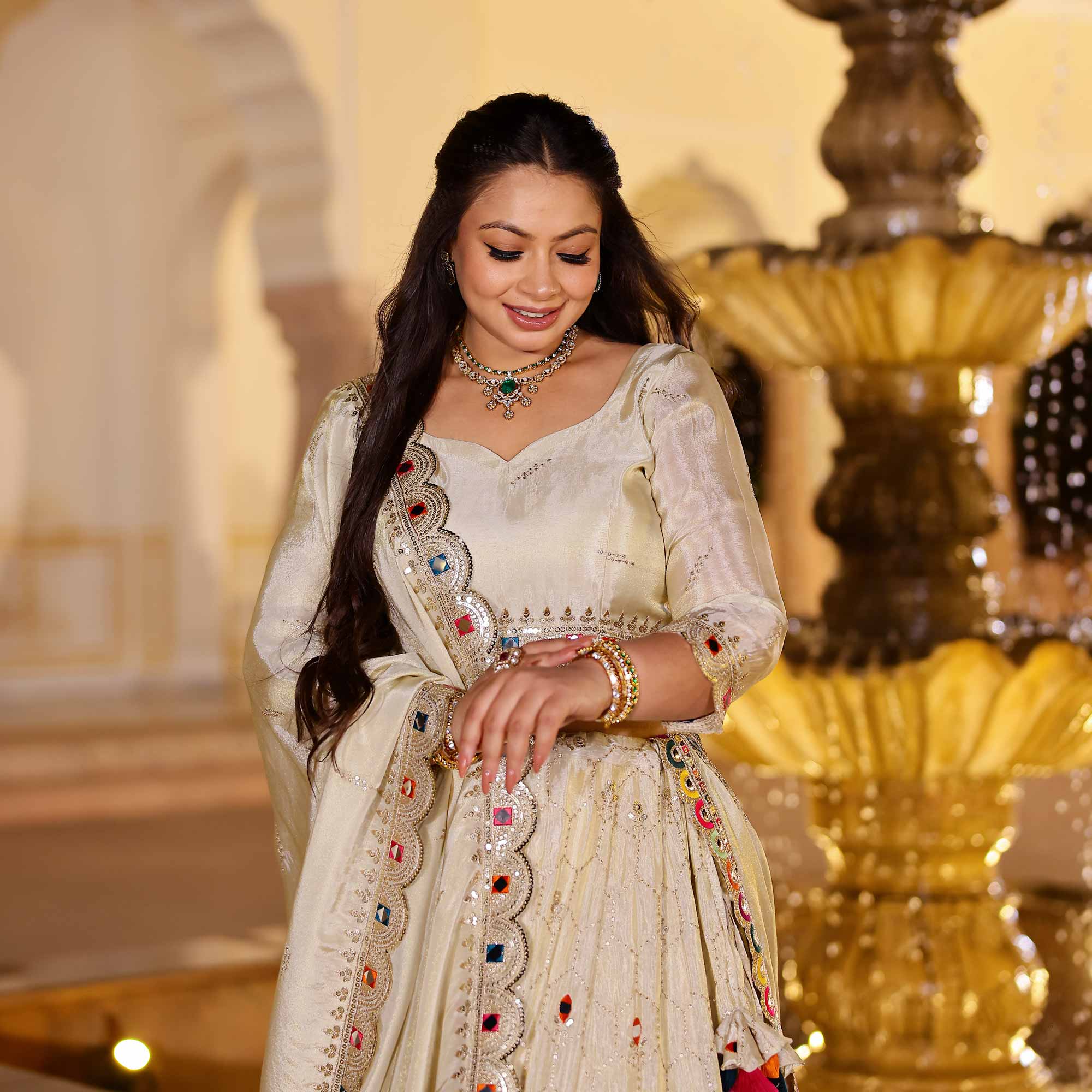 CHAND TARA Off-White & Gold Sequin Embroidered Pure Tissue Silk Lehenga Set