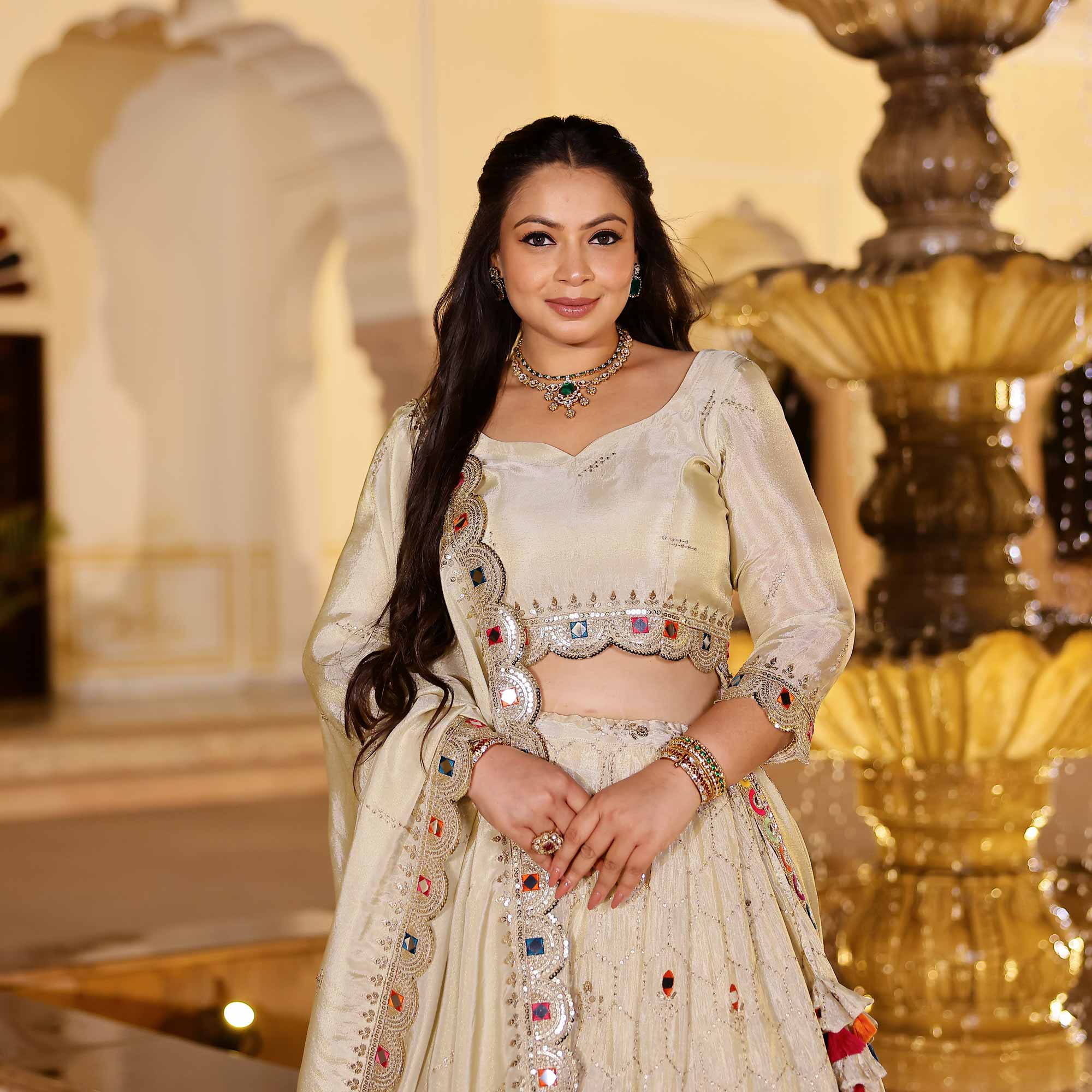 CHAND TARA Off-White & Gold Sequin Embroidered Pure Tissue Silk Lehenga Set