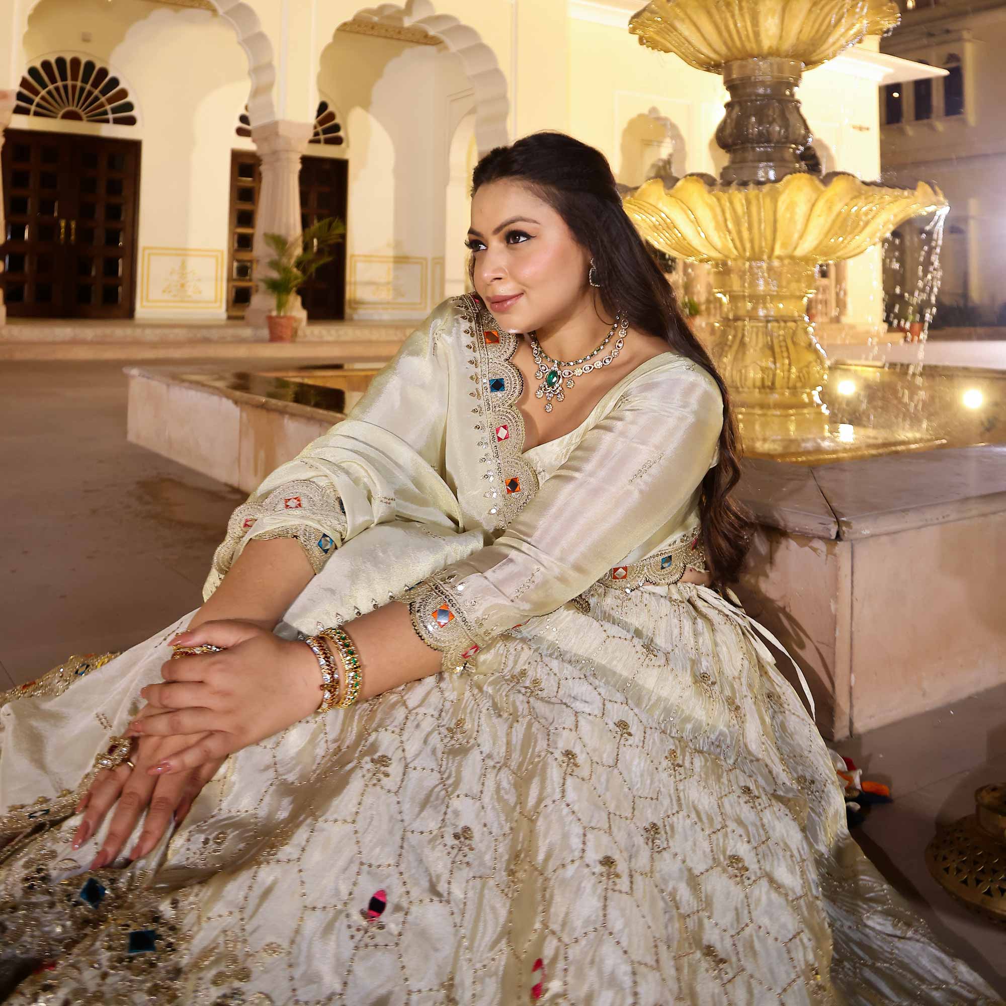 CHAND TARA Off-White & Gold Sequin Embroidered Pure Tissue Silk Lehenga Set