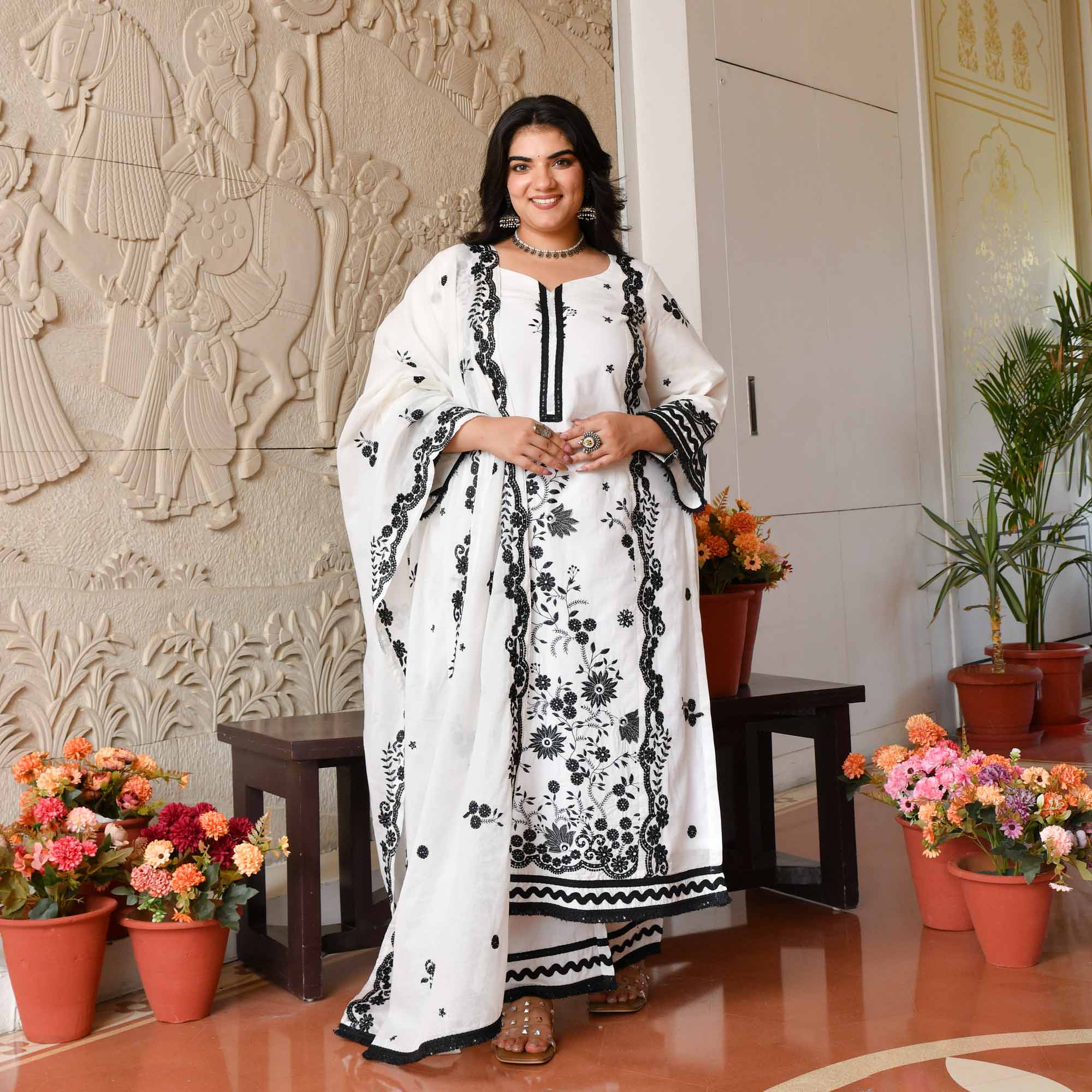 Tara- White & Black Pure Cotton Thread Embroidered Suit Set