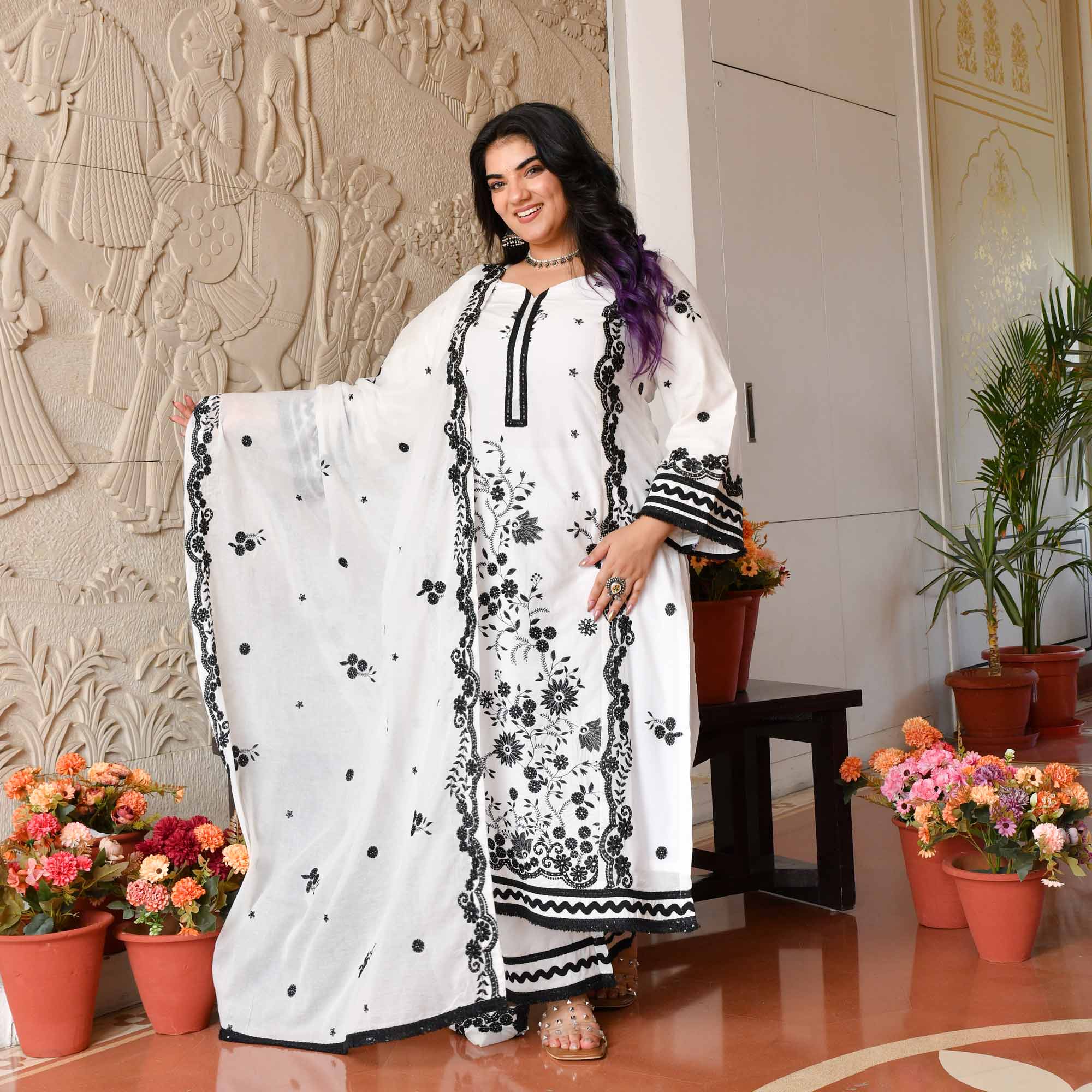 Tara- White & Black Pure Cotton Thread Embroidered Suit Set