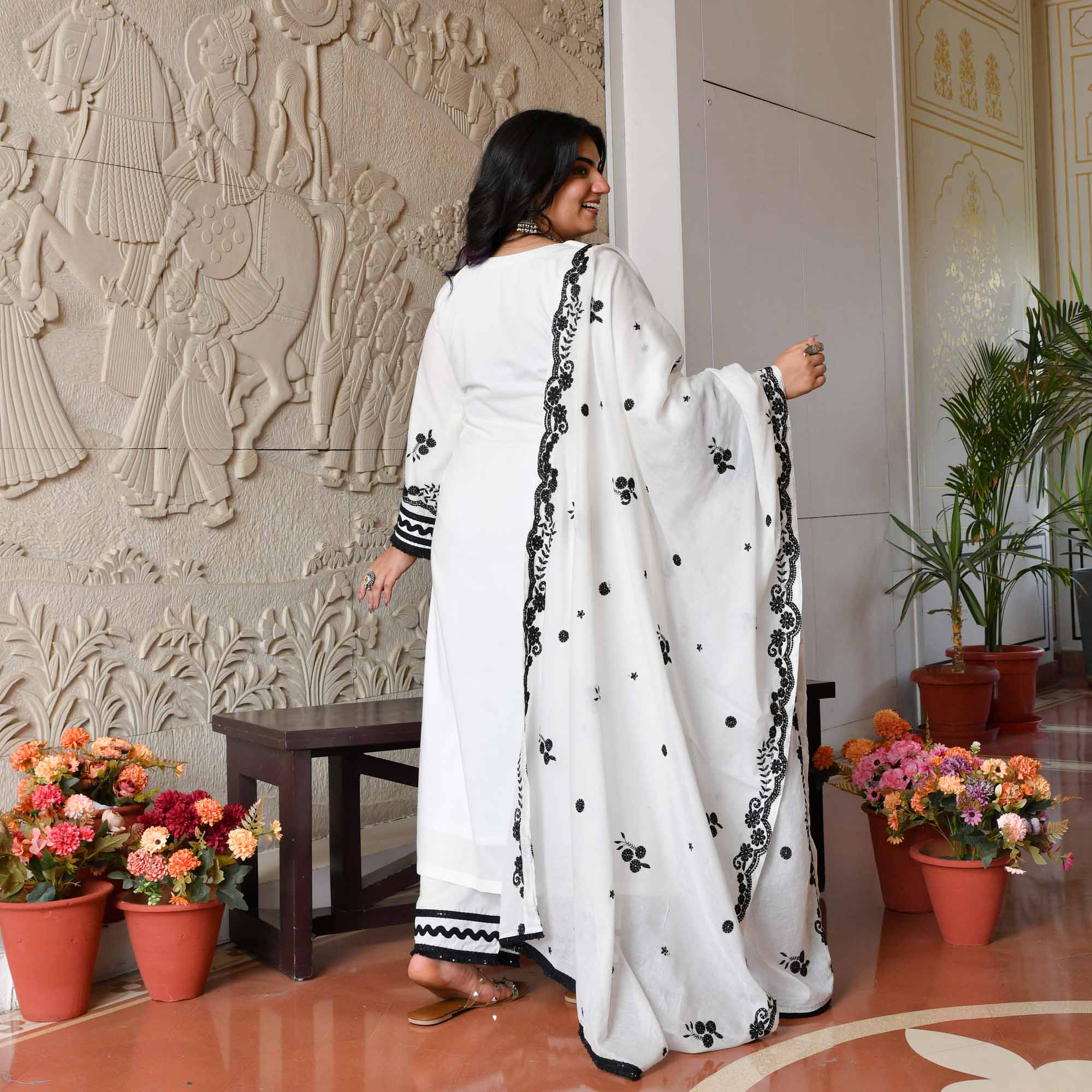 Tara- White & Black Pure Cotton Thread Embroidered Suit Set