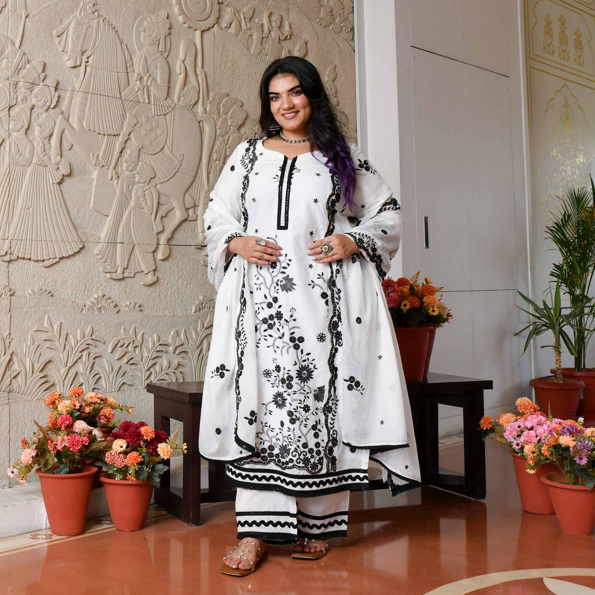 Tara- White & Black Pure Cotton Thread Embroidered Suit Set
