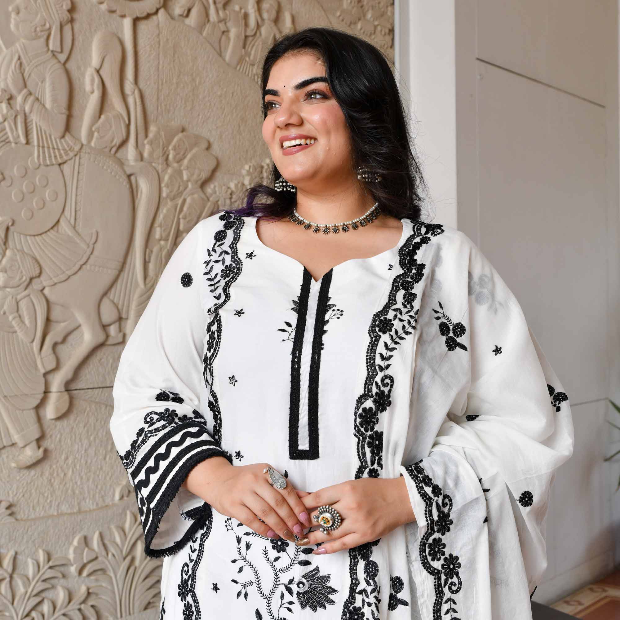 Tara- White & Black Pure Cotton Thread Embroidered Suit Set
