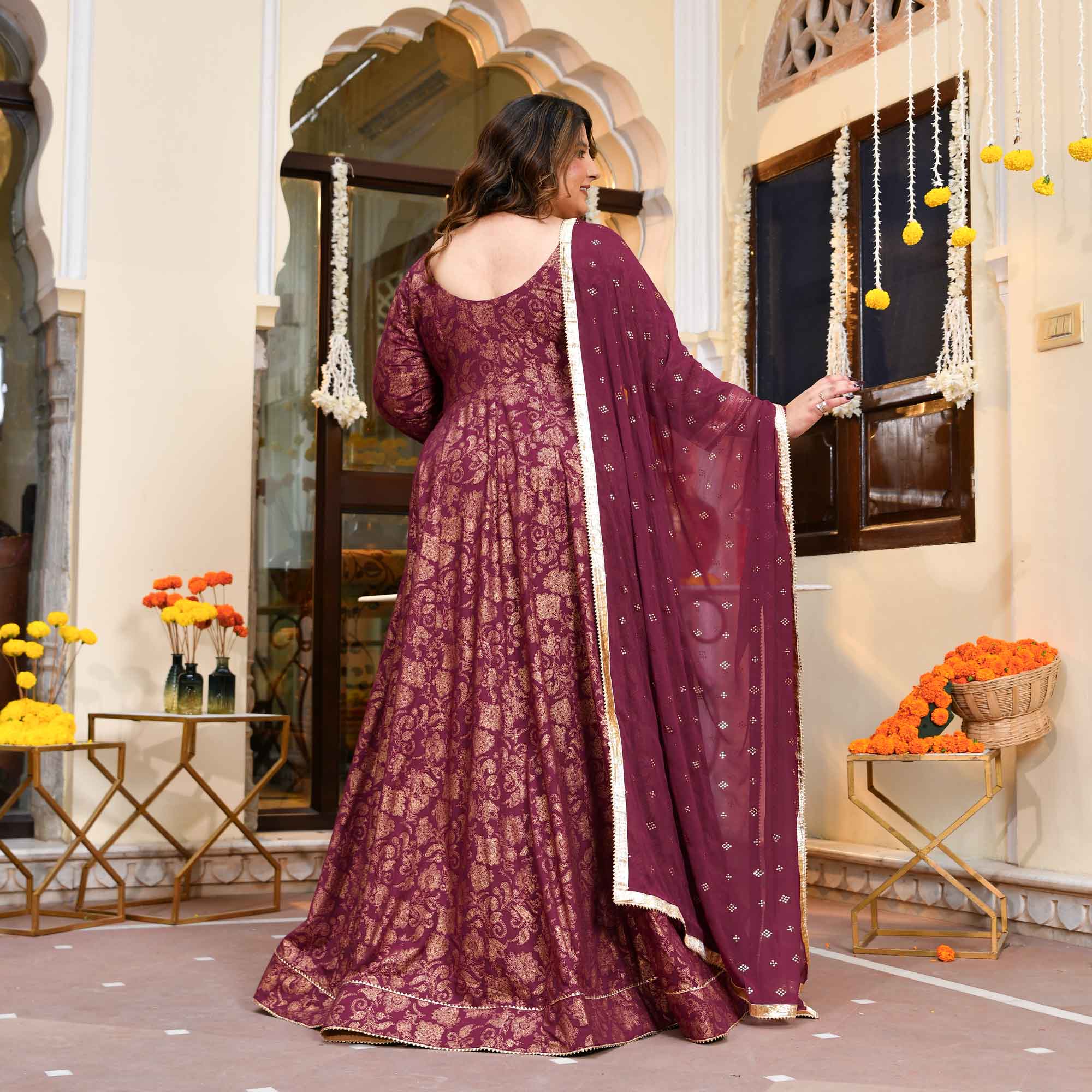 Shagun- Wine Gold Block Print Rayon Anarkali