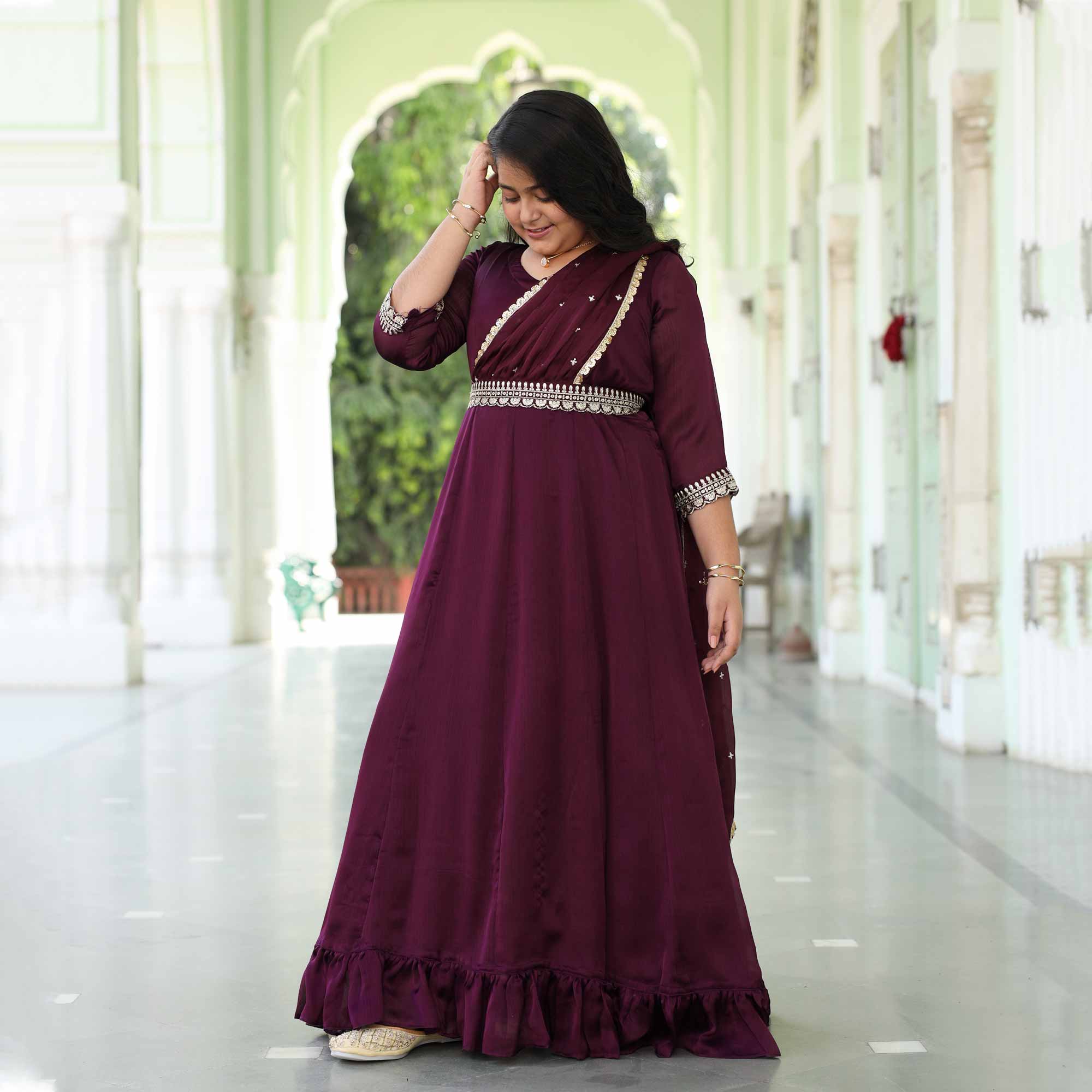 Little Empress- Wine Kids Silk Chinon Anarkali With Belt Drape