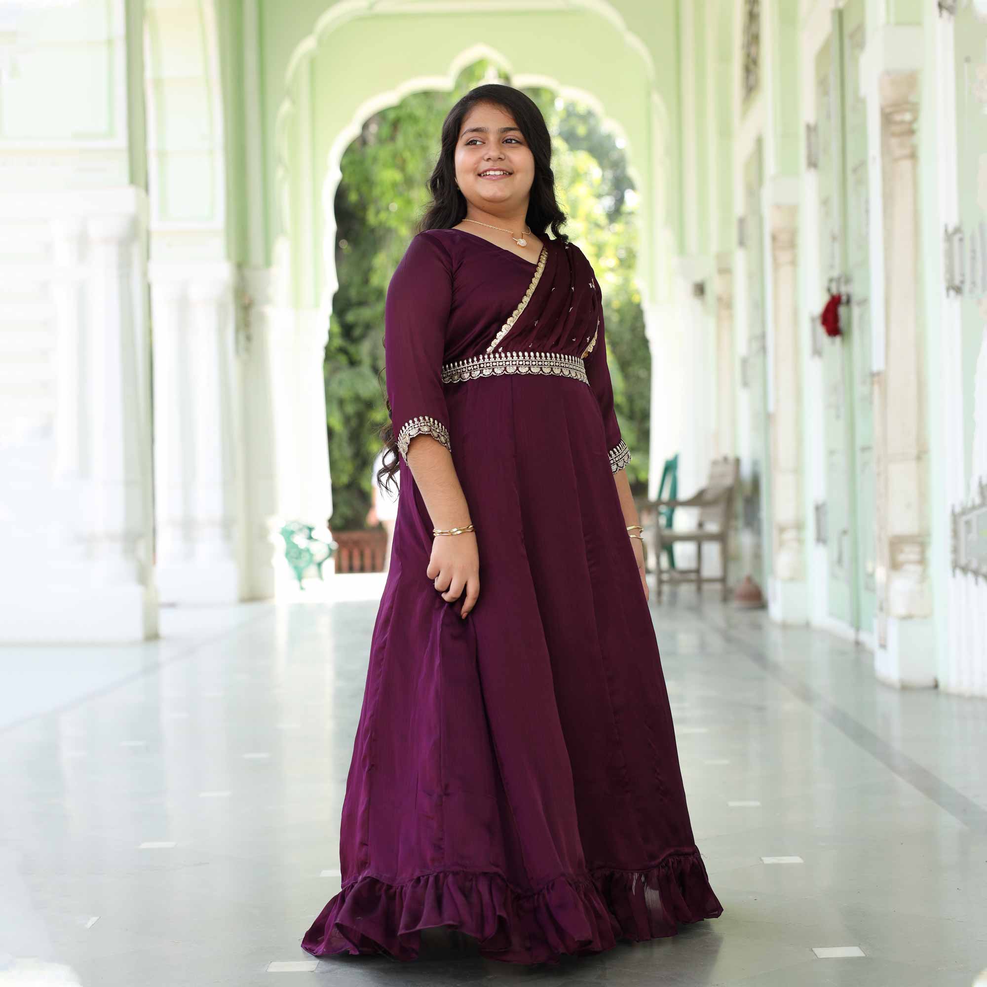 Little Empress- Wine Kids Silk Chinon Anarkali With Belt Drape