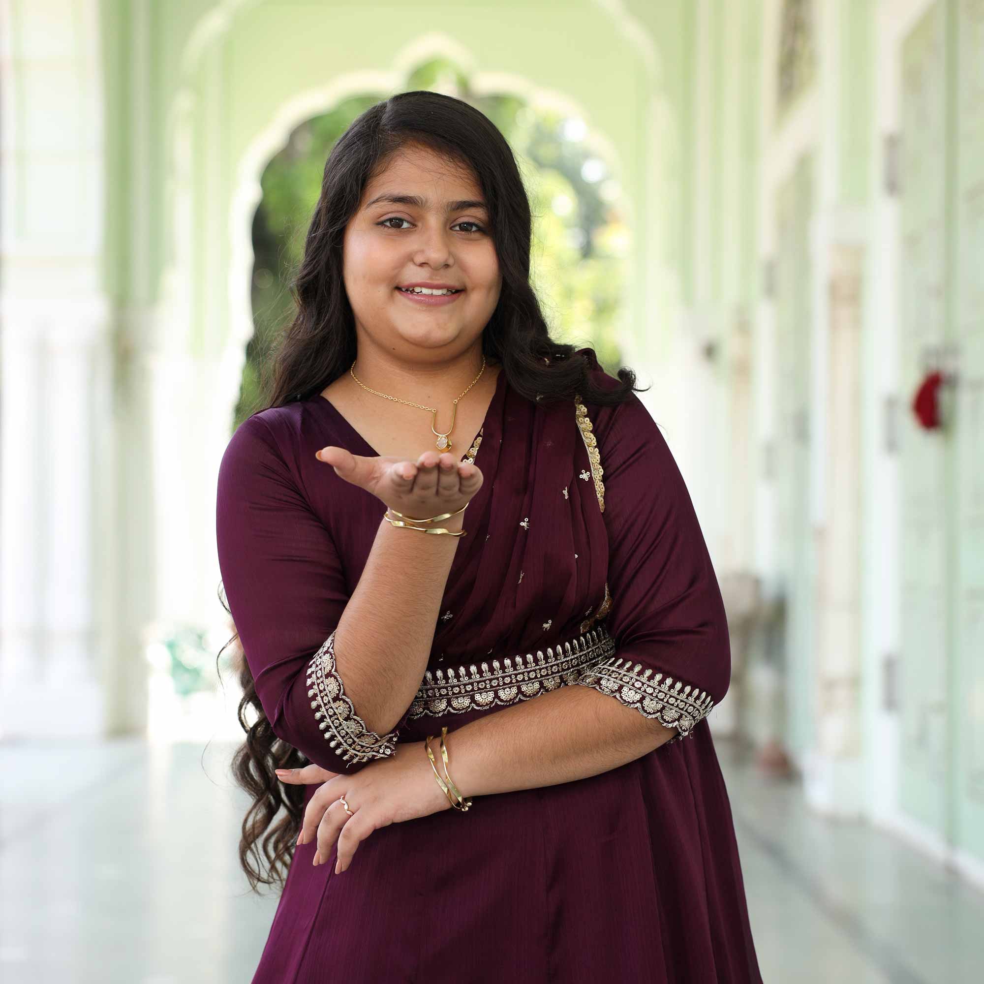 Little Empress- Wine Kids Silk Chinon Anarkali With Belt Drape