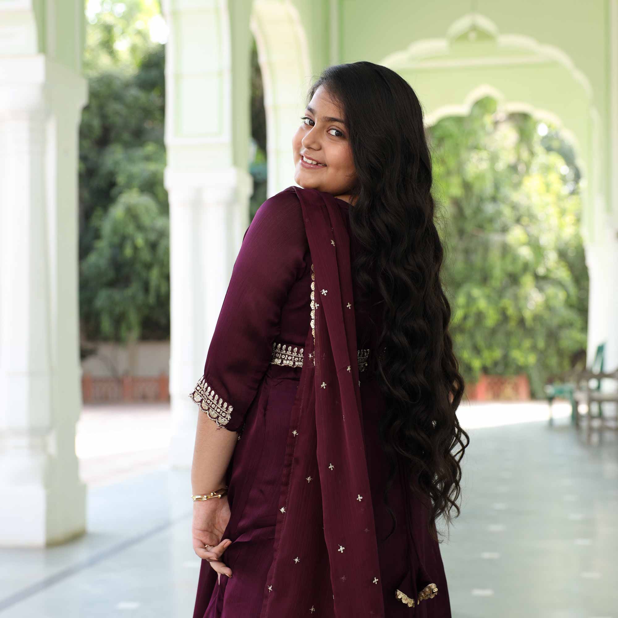 Little Empress- Wine Kids Silk Chinon Anarkali With Belt Drape