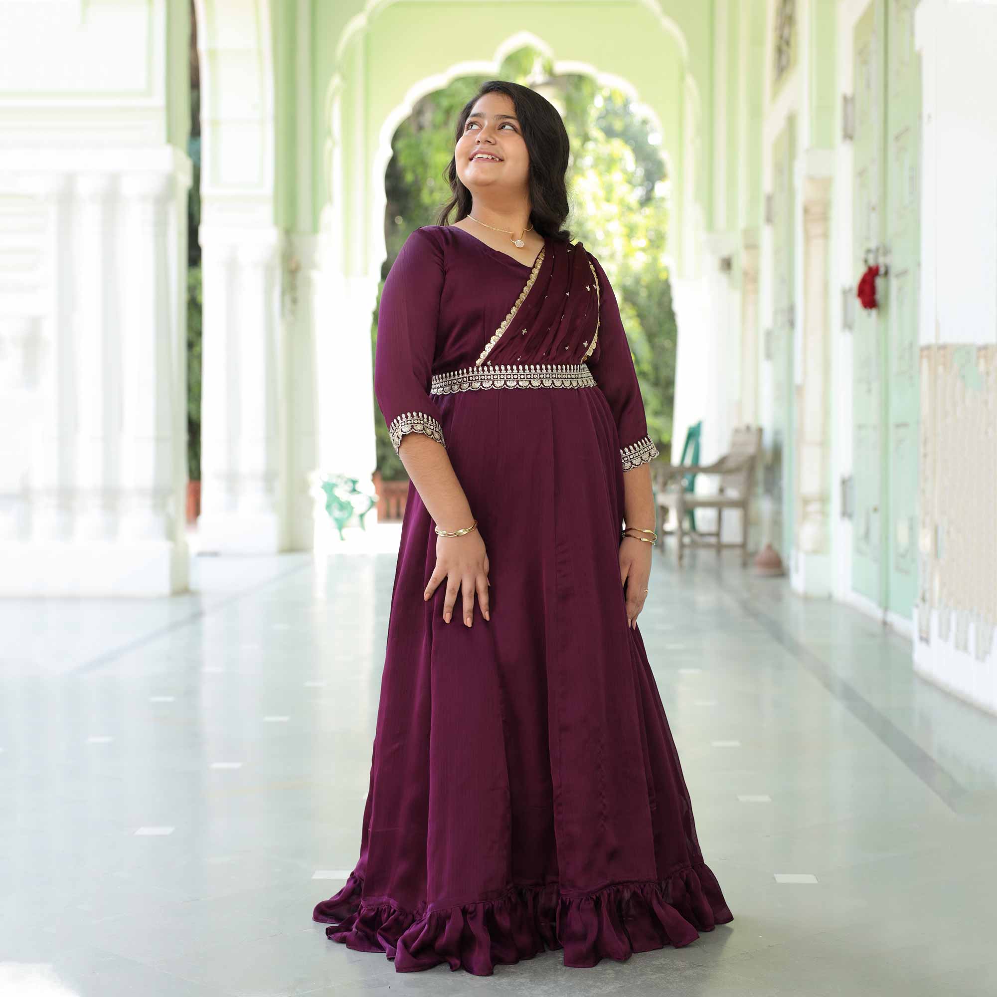 Little Empress- Wine Kids Silk Chinon Anarkali With Belt Drape