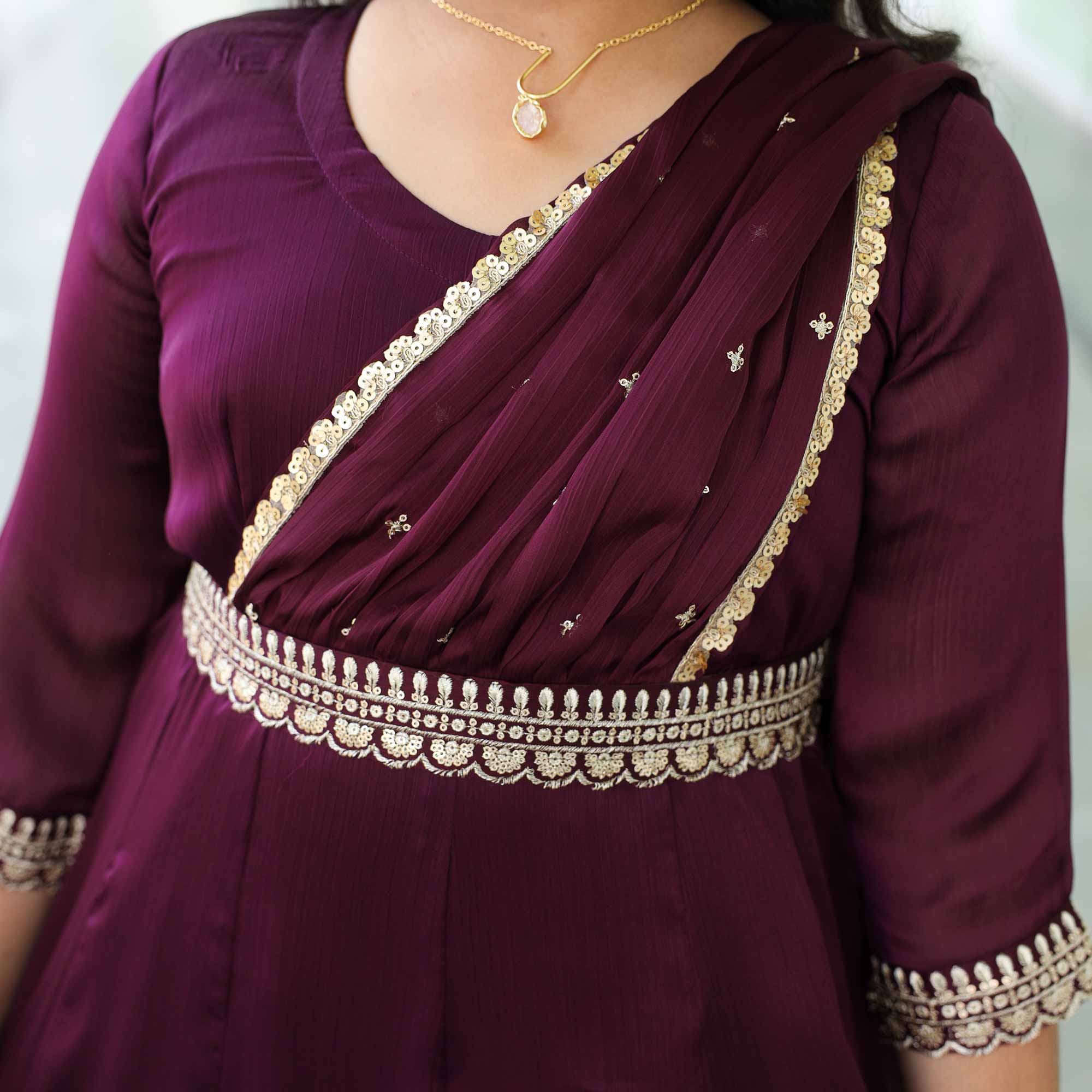 Little Empress- Wine Kids Silk Chinon Anarkali With Belt Drape