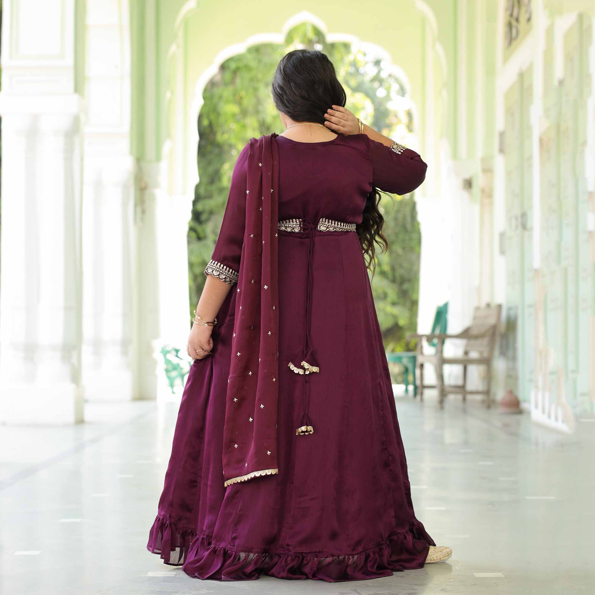 Little Empress- Wine Kids Silk Chinon Anarkali With Belt Drape