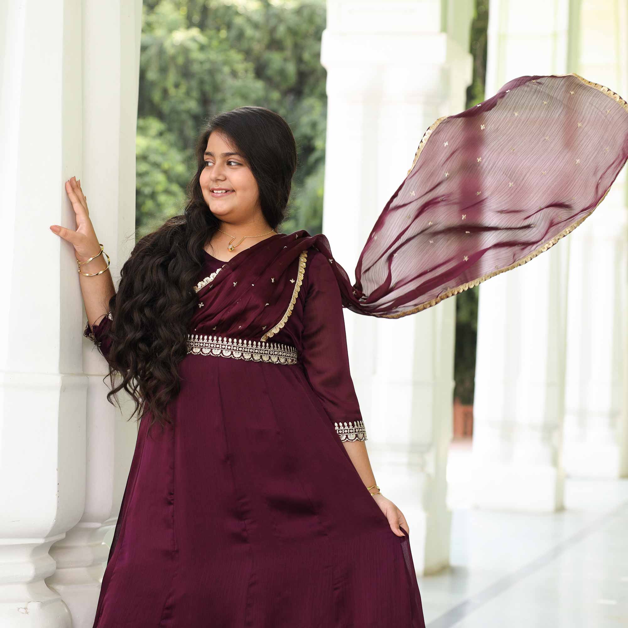 Little Empress- Wine Kids Silk Chinon Anarkali With Belt Drape