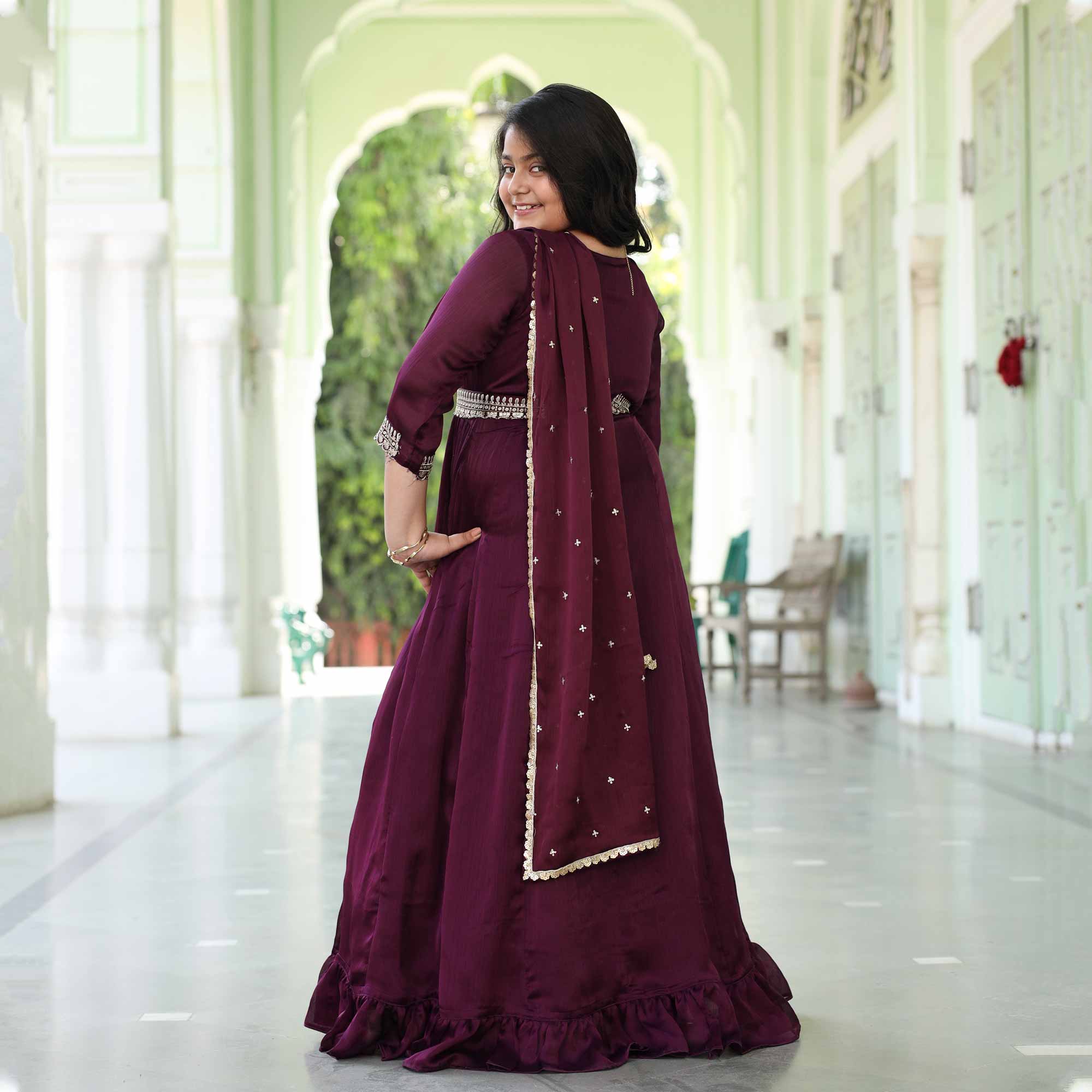 Little Empress- Wine Kids Silk Chinon Anarkali With Belt Drape