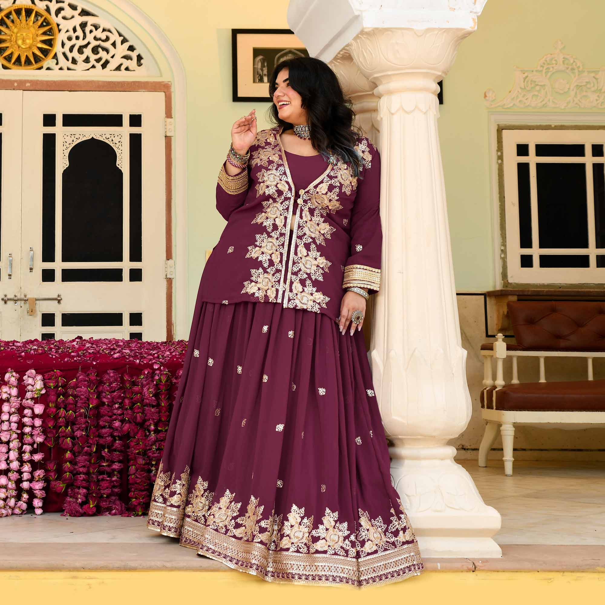 Gulab Jamun- Deep Wine Embroidered Georgette Cape Lehenga Set
