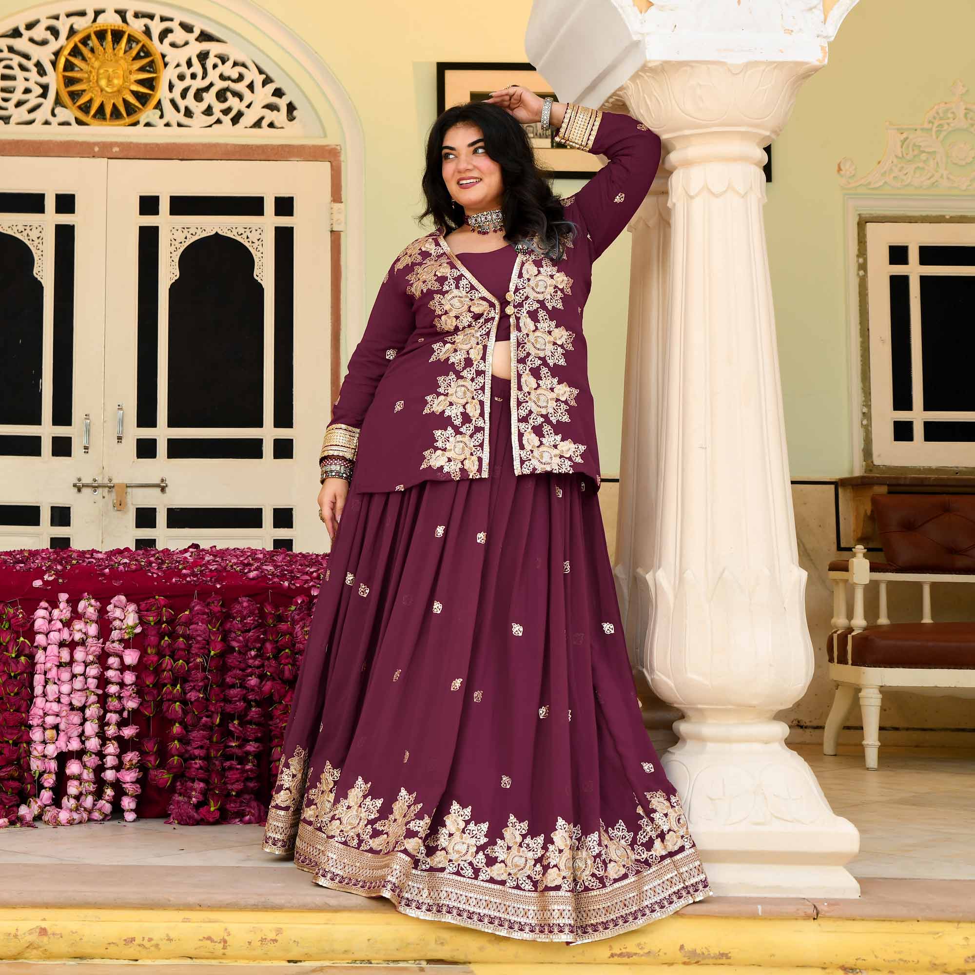 Gulab Jamun- Deep Wine Embroidered Georgette Cape Lehenga Set