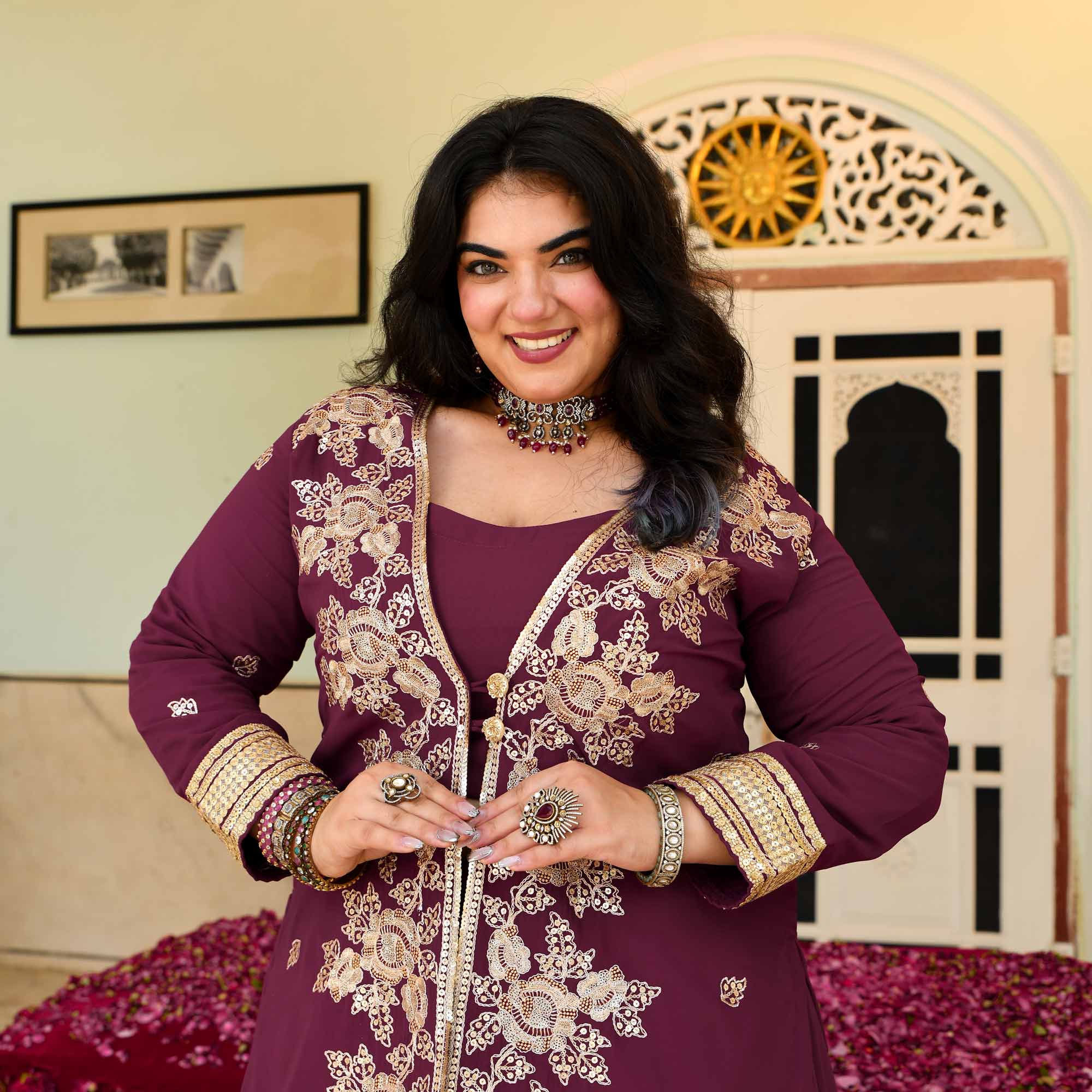Gulab Jamun- Deep Wine Embroidered Georgette Cape Lehenga Set