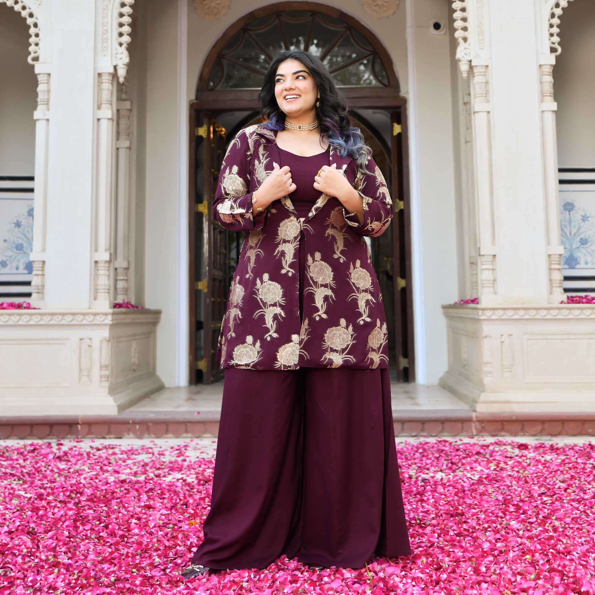 Victoria- Wine Banarasi Pure Georgette Blazer Co-ord Set