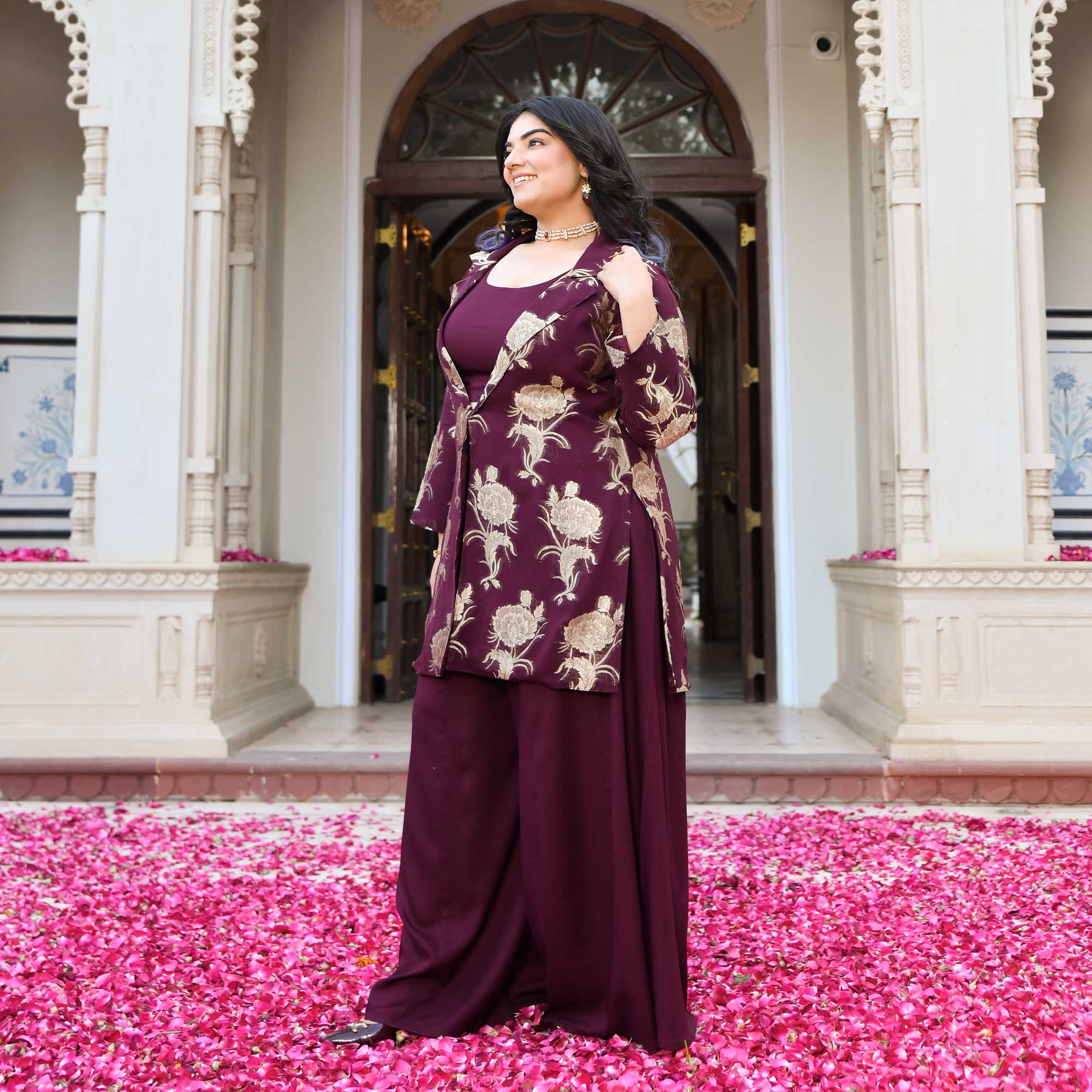 Victoria- Wine Banarasi Pure Georgette Blazer Co-ord Set