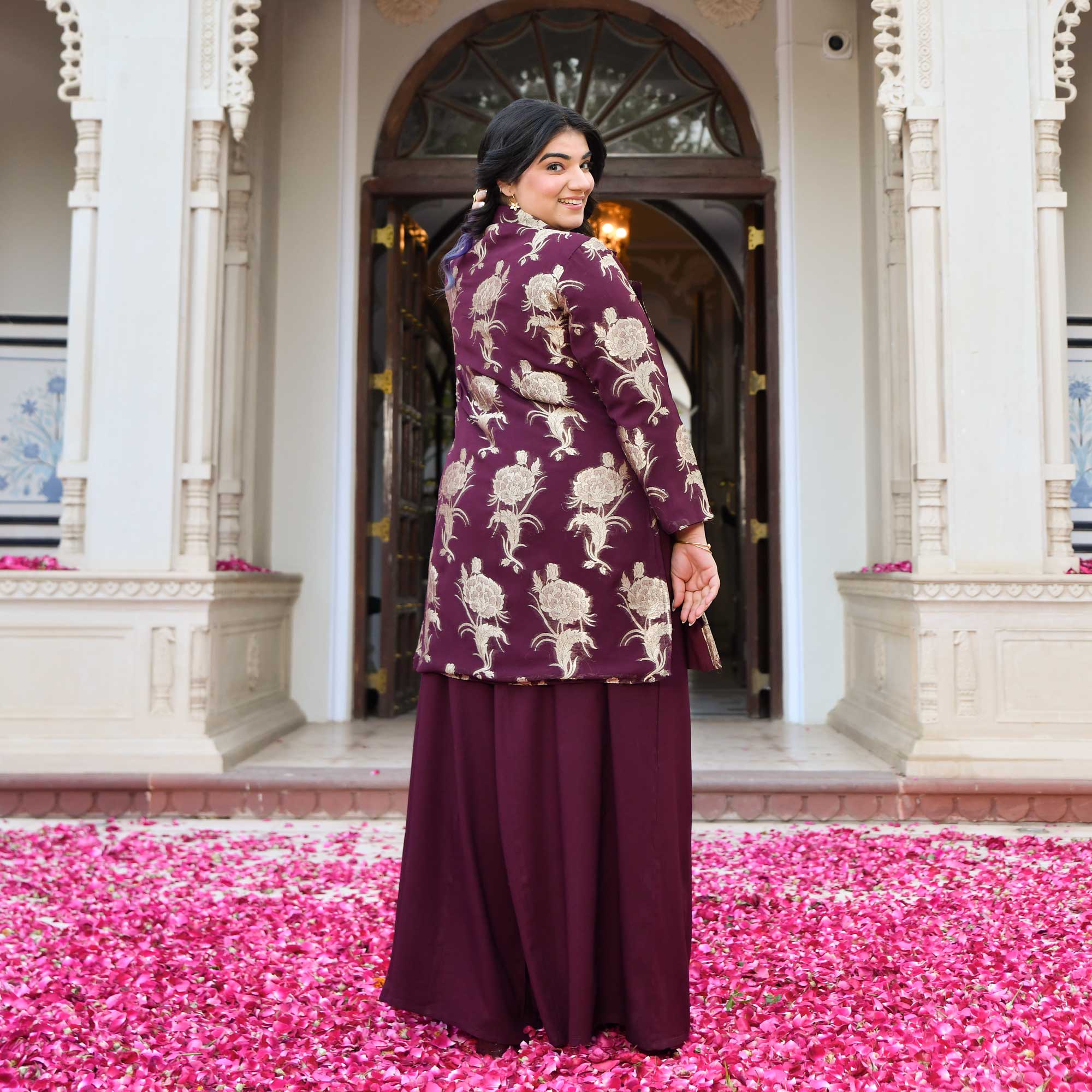 Victoria- Wine Banarasi Pure Georgette Blazer Co-ord Set