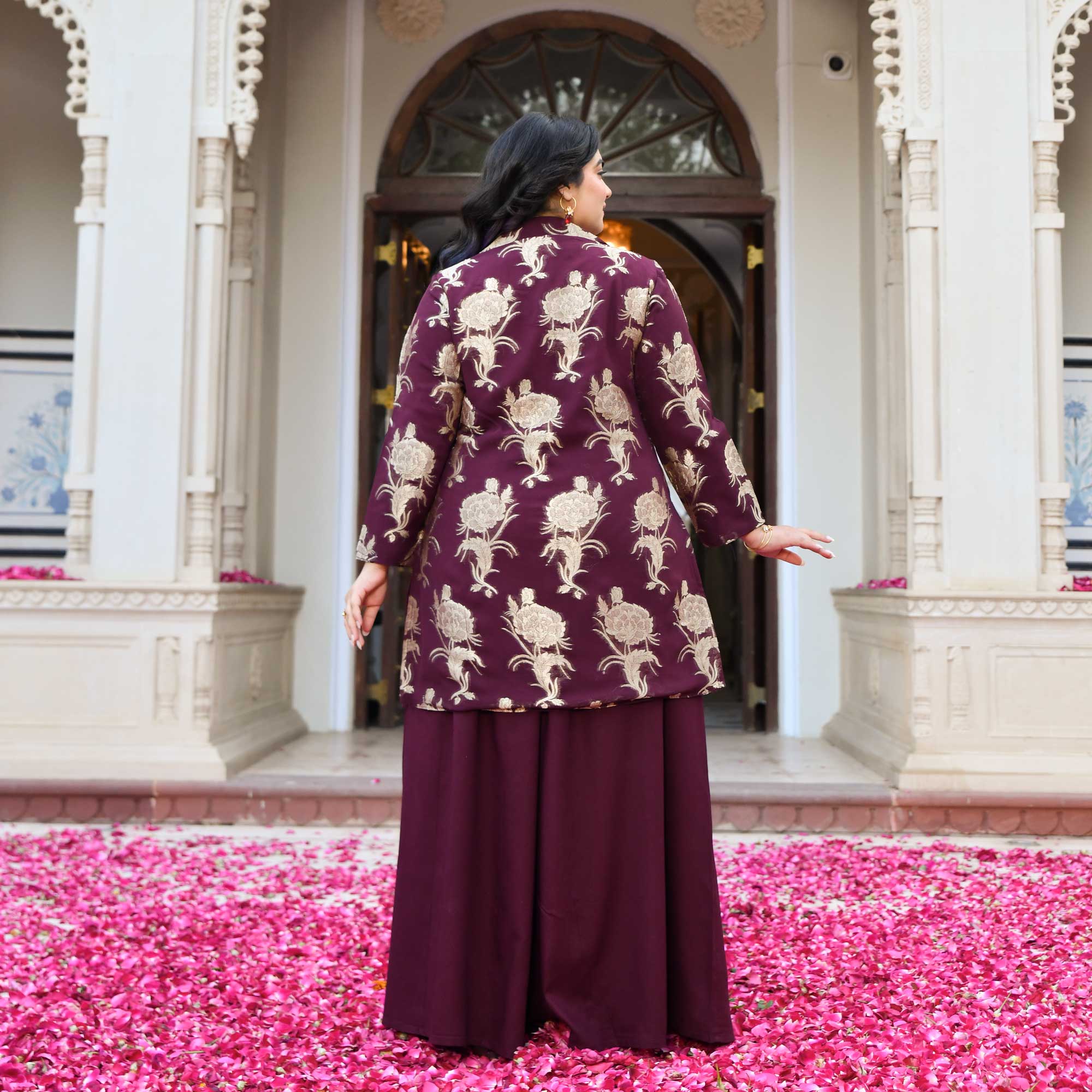 Victoria- Wine Banarasi Pure Georgette Blazer Co-ord Set