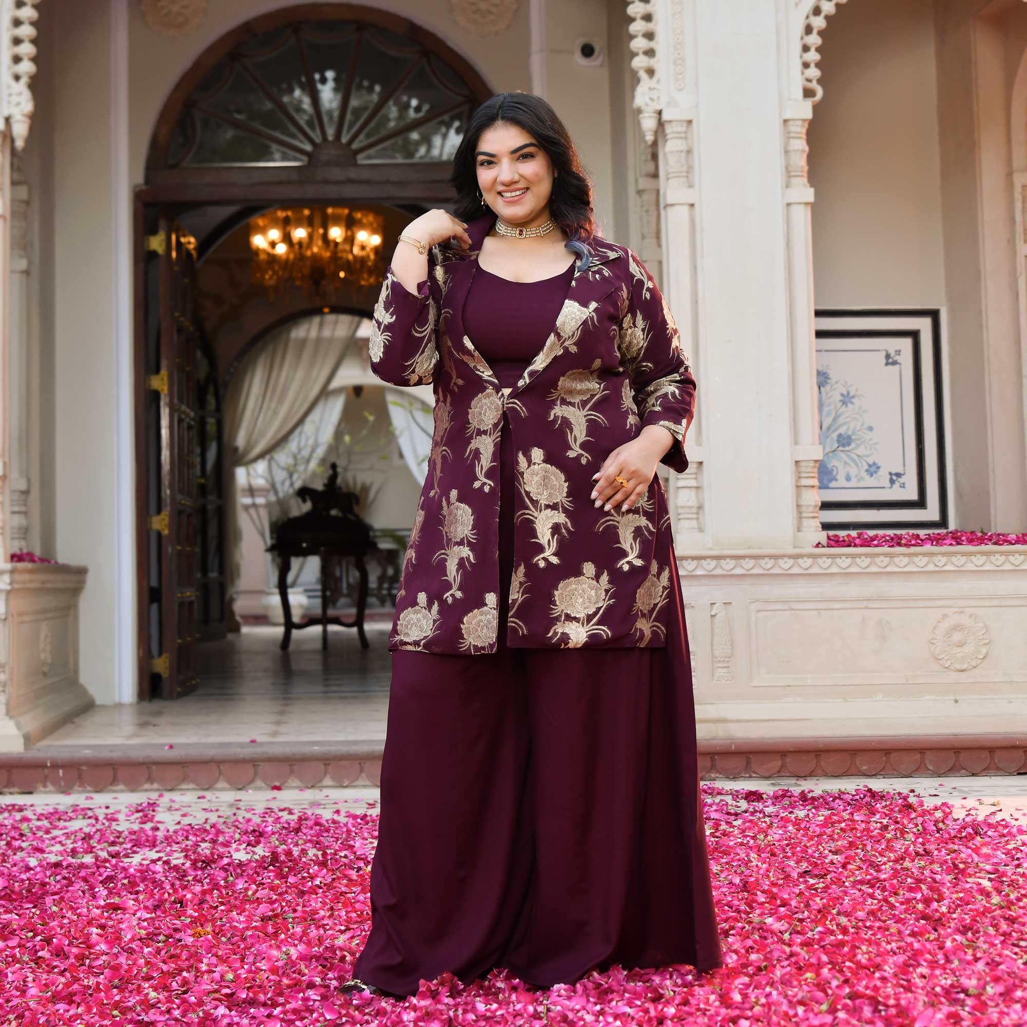 Victoria- Wine Banarasi Pure Georgette Blazer Co-ord Set