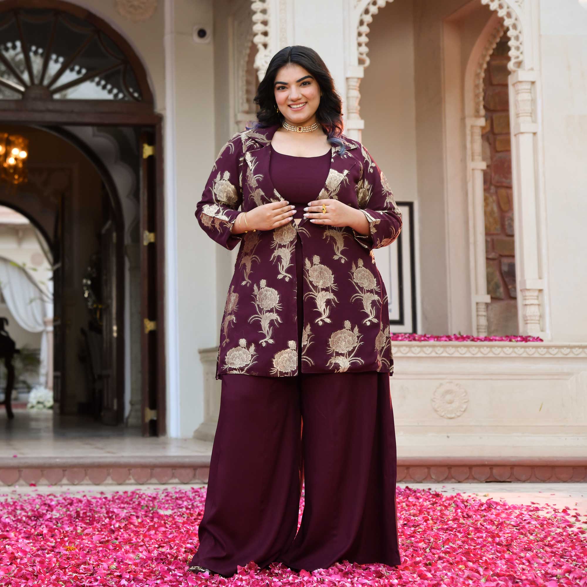 Victoria- Wine Banarasi Pure Georgette Blazer Co-ord Set