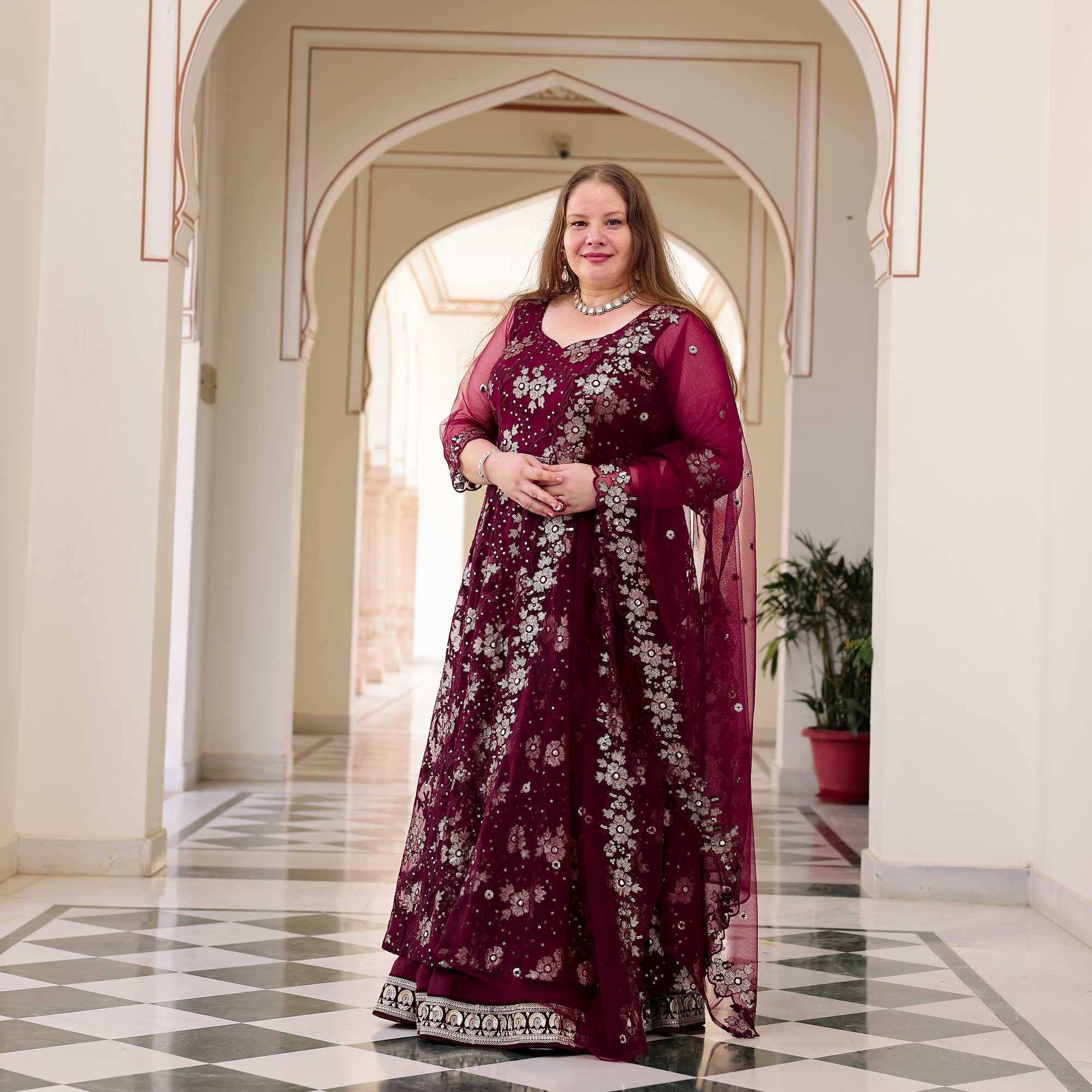 Wineberry Whisper Floral Sequin Net Anarkali Lehenga Set