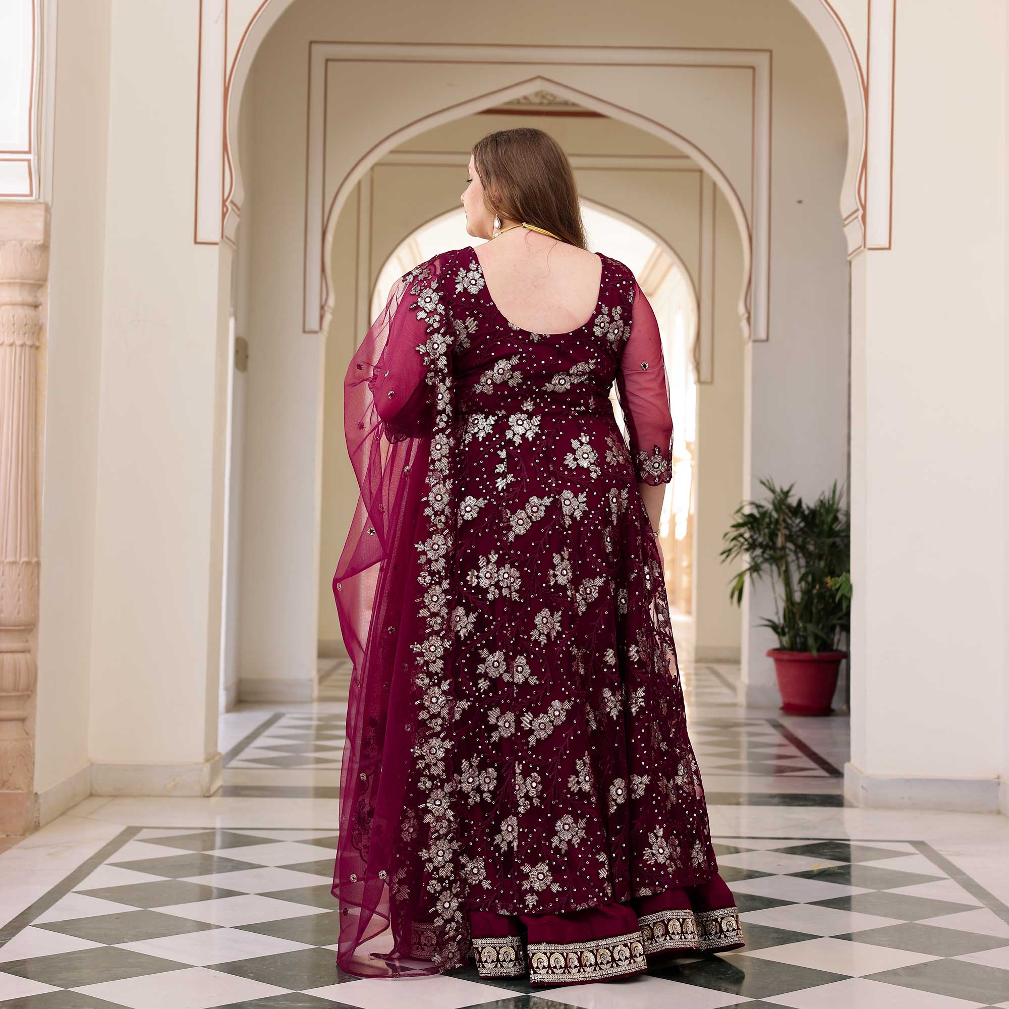 Wineberry Whisper Floral Sequin Net Anarkali Lehenga Set