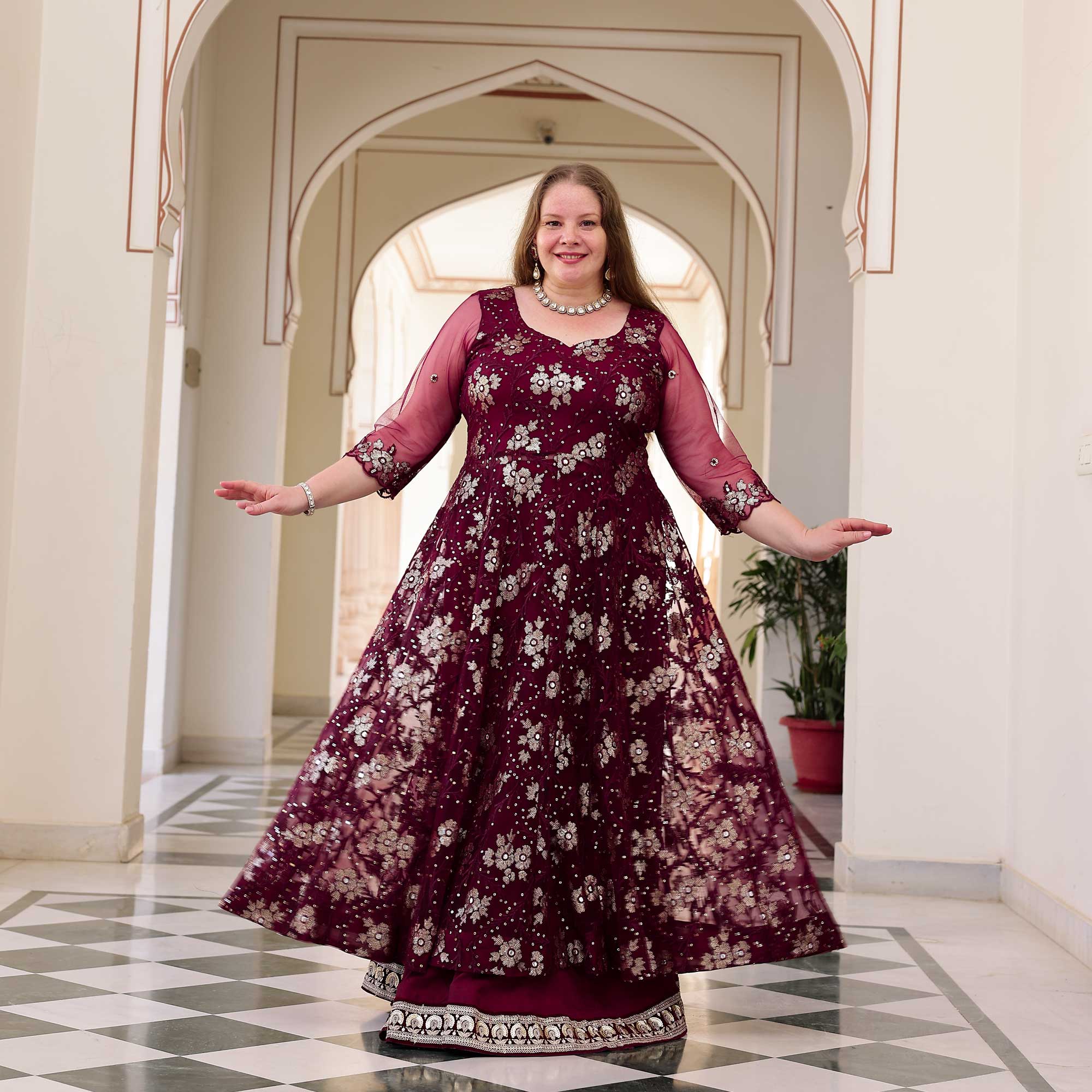 Wineberry Whisper Floral Sequin Net Anarkali Lehenga Set