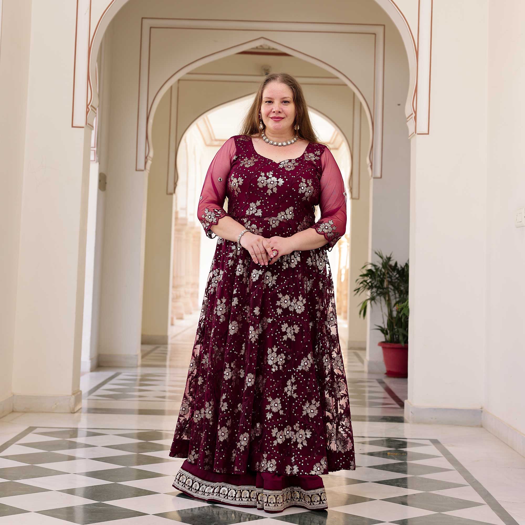 Wineberry Whisper Floral Sequin Net Anarkali Lehenga Set
