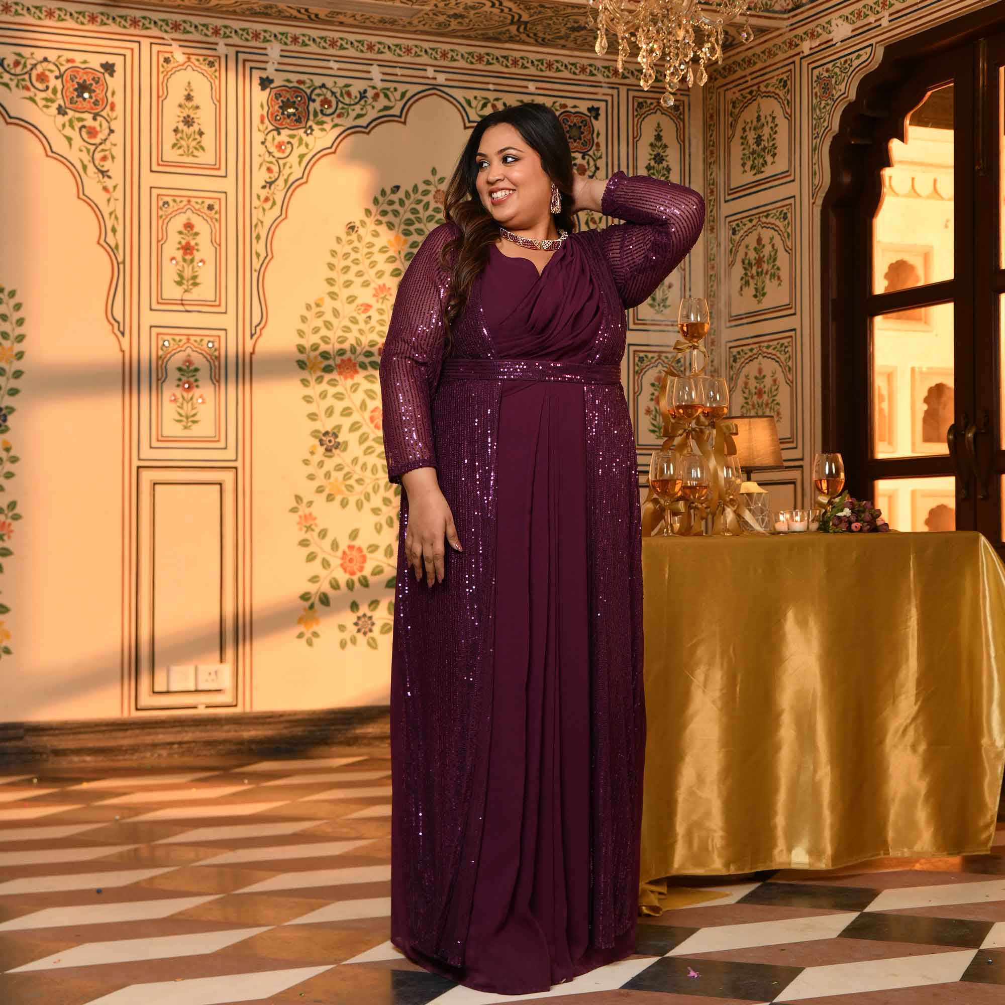 Champagne- Wine Drape Saree Dress with Sequin Embellished Cape