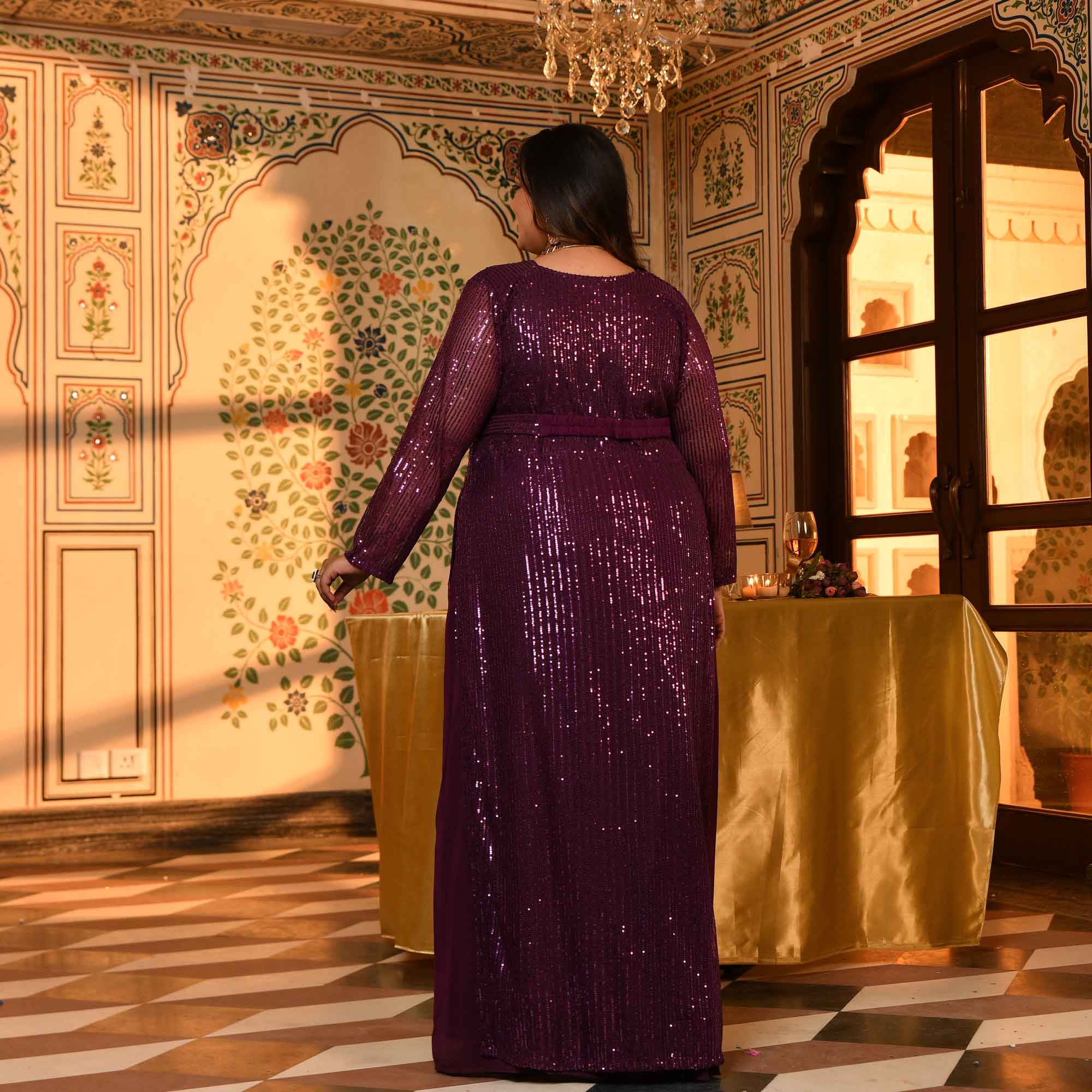 Champagne- Wine Drape Saree Dress with Sequin Embellished Cape