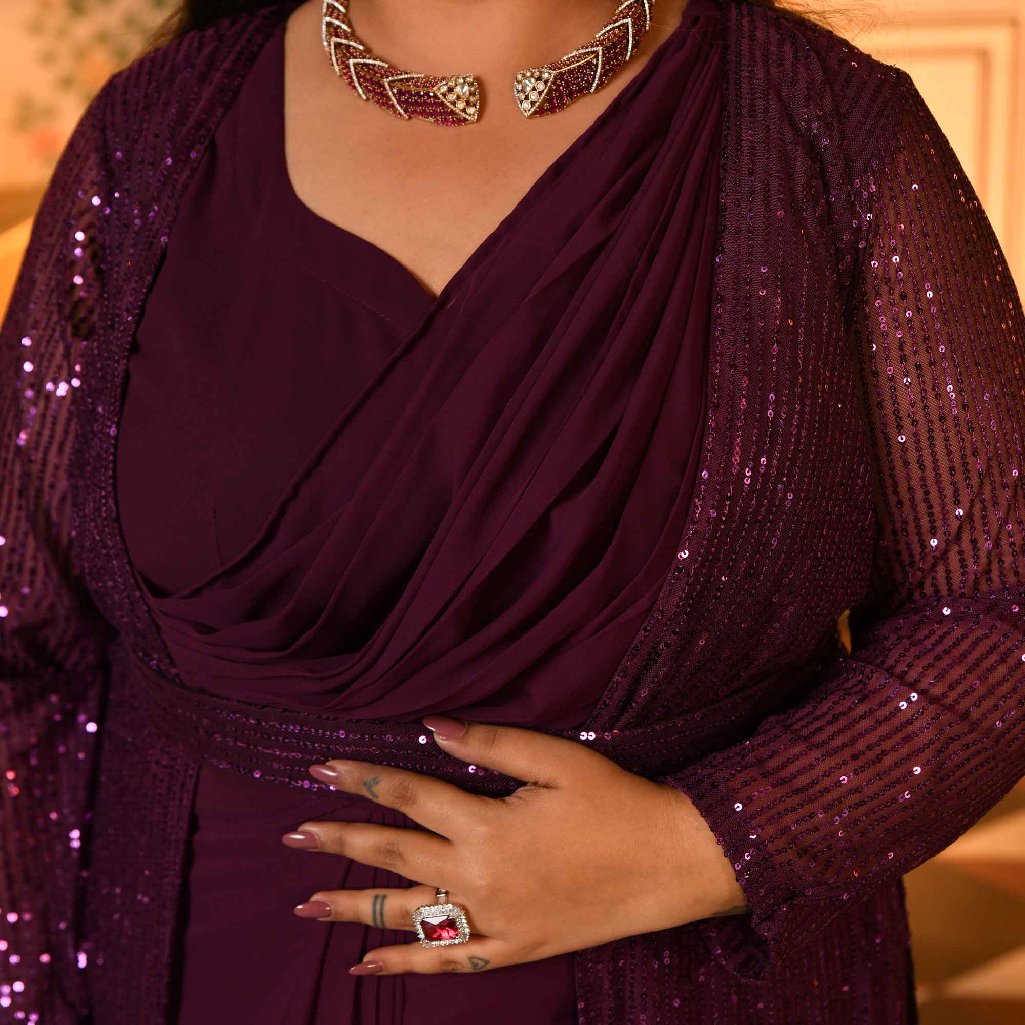 Champagne- Wine Drape Saree Dress with Sequin Embellished Cape