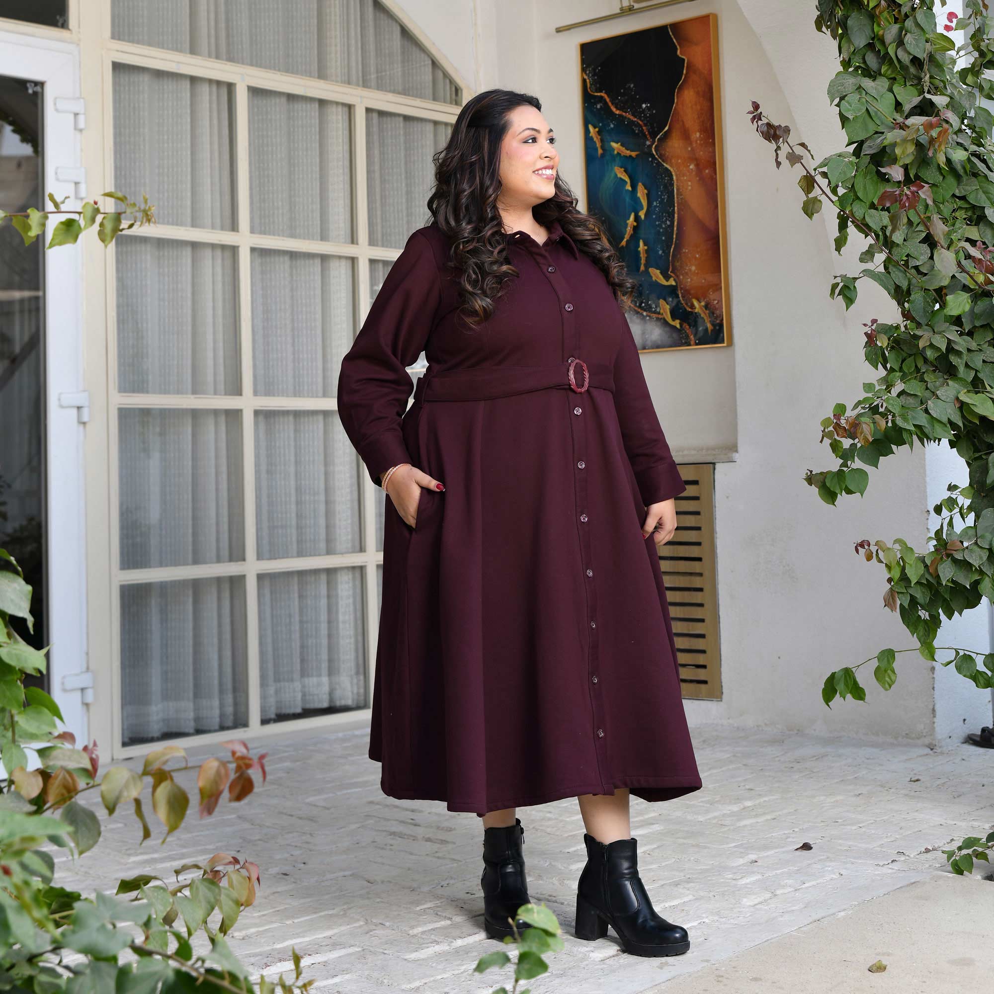 Deep Wine woollen fleece Aline dress