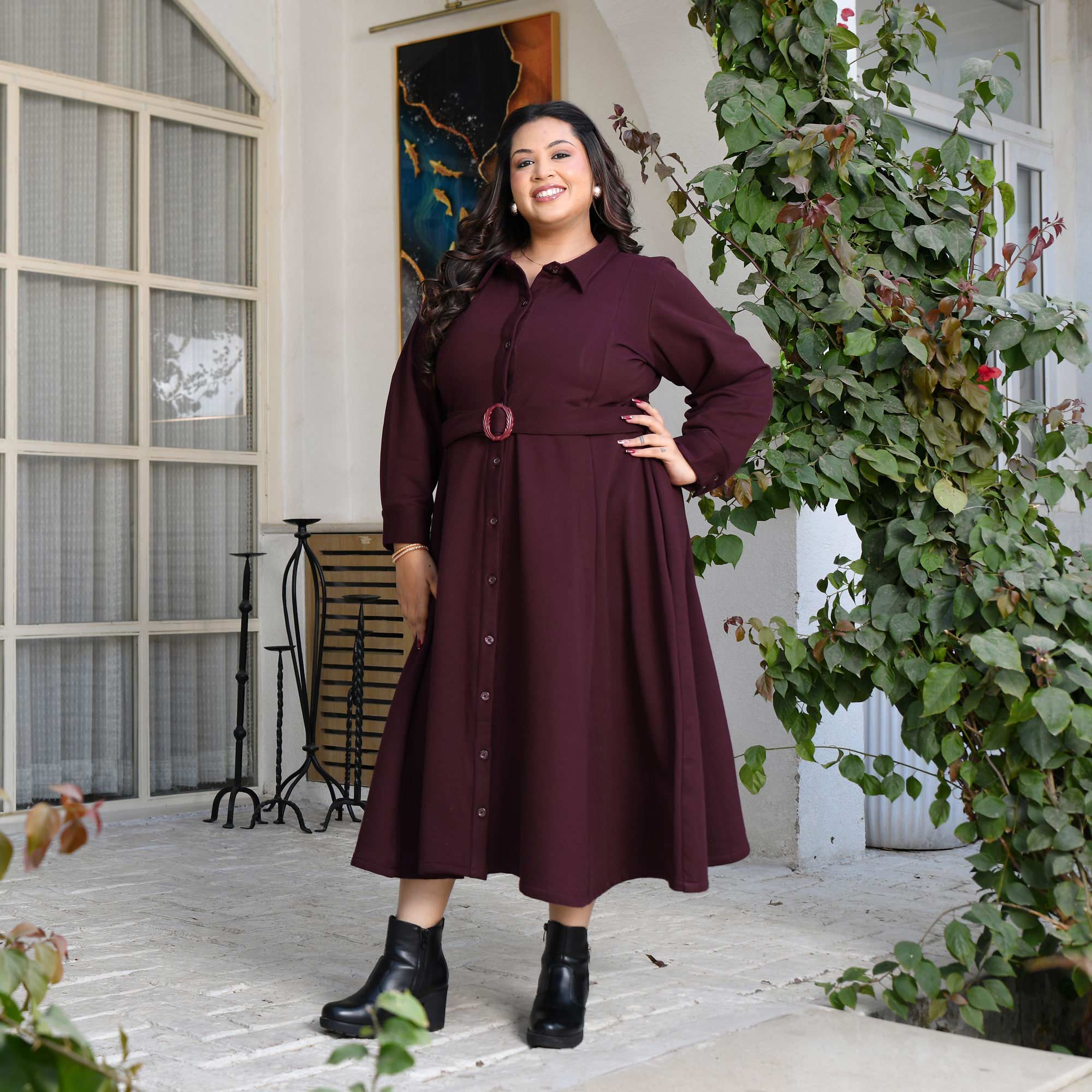 Deep Wine woollen fleece Aline dress