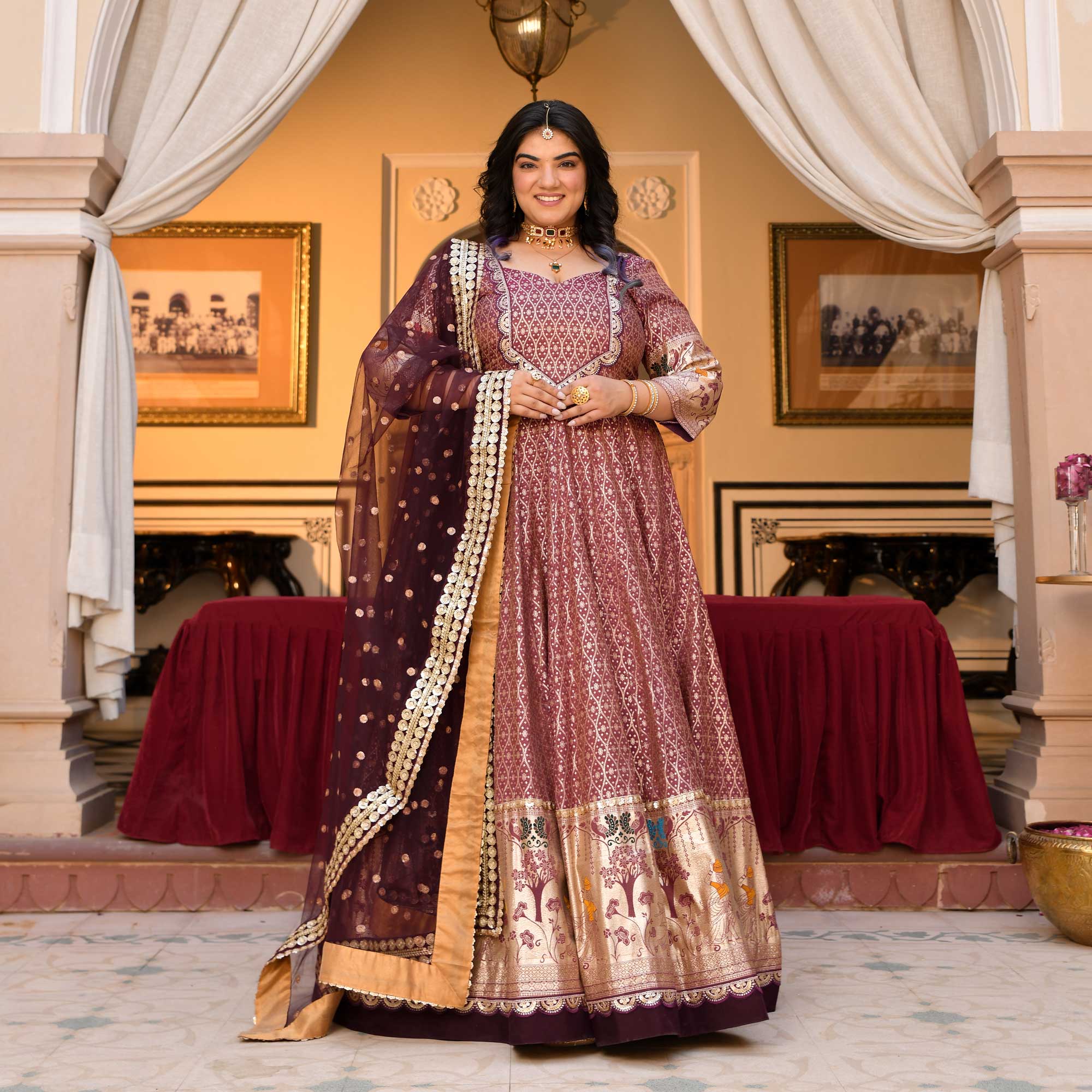 Arunima - Deep Wine Banarasi Silk Anarkali Set