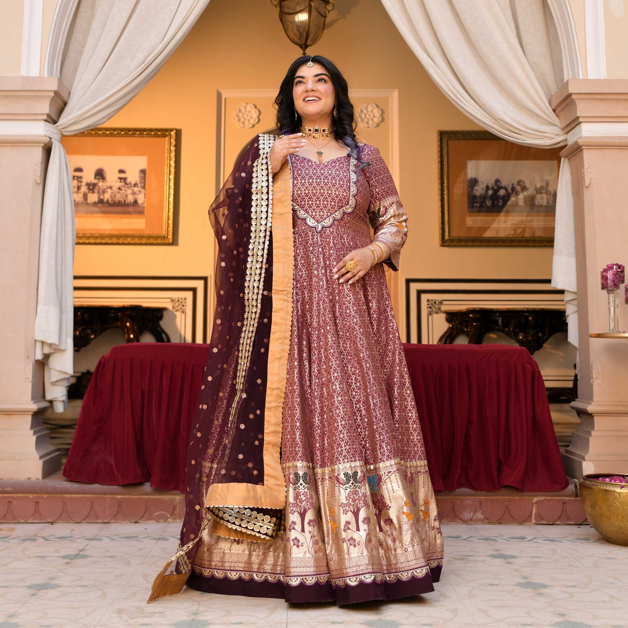 Arunima - Deep Wine Banarasi Silk Anarkali Set