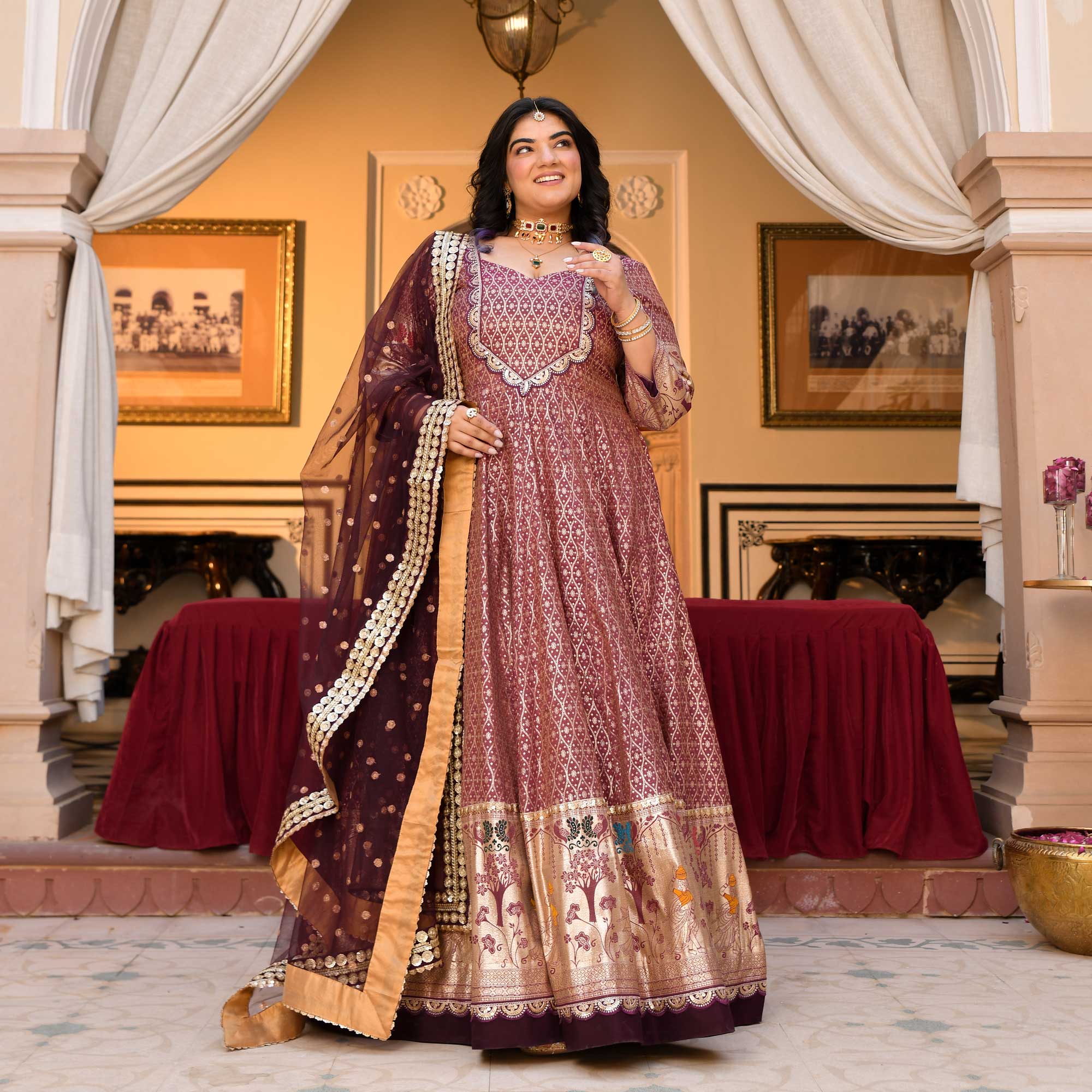 Arunima - Deep Wine Banarasi Silk Anarkali Set