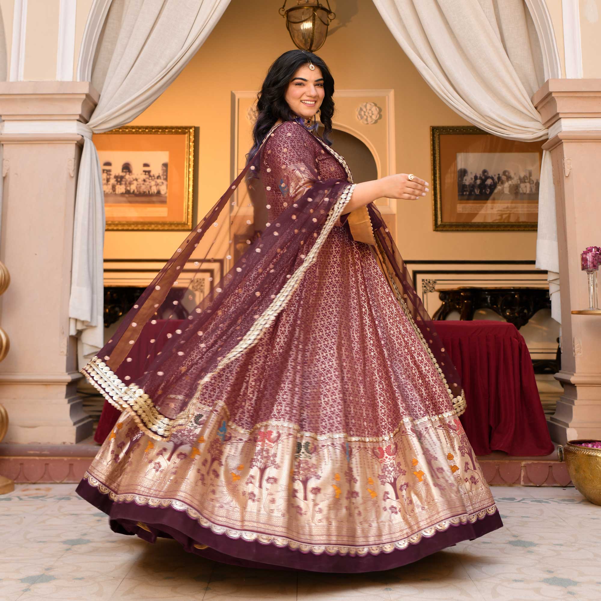 Arunima - Deep Wine Banarasi Silk Anarkali Set