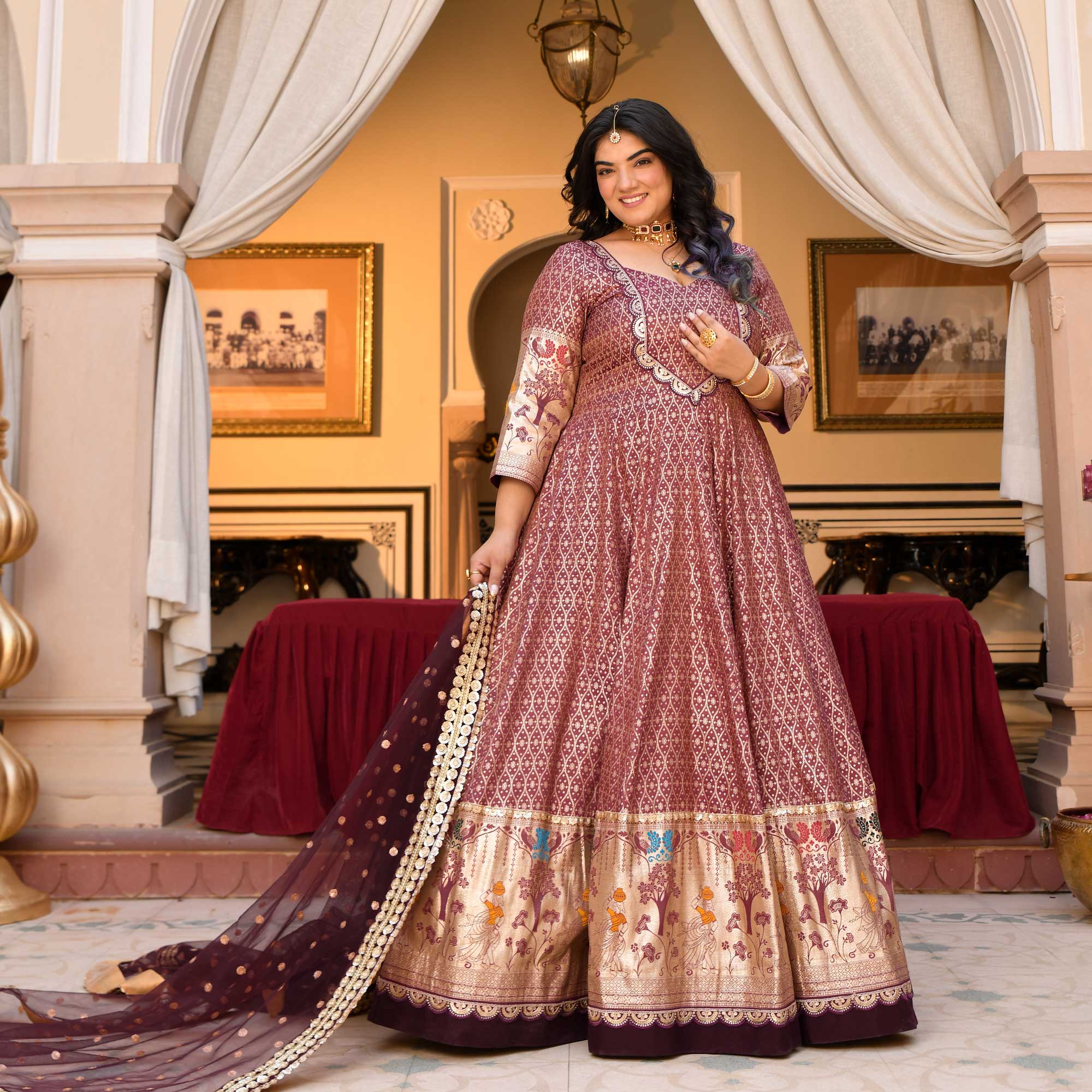 Arunima - Deep Wine Banarasi Silk Anarkali Set