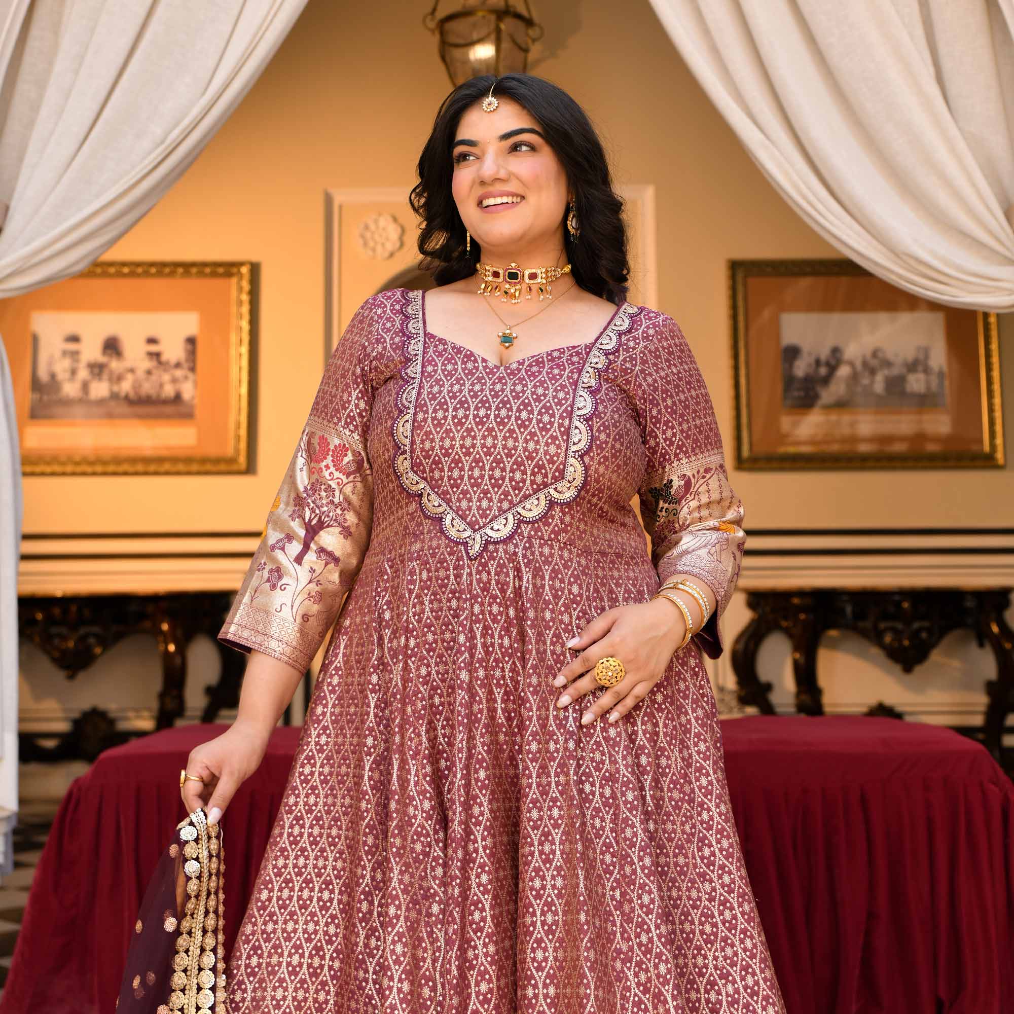 Arunima - Deep Wine Banarasi Silk Anarkali Set