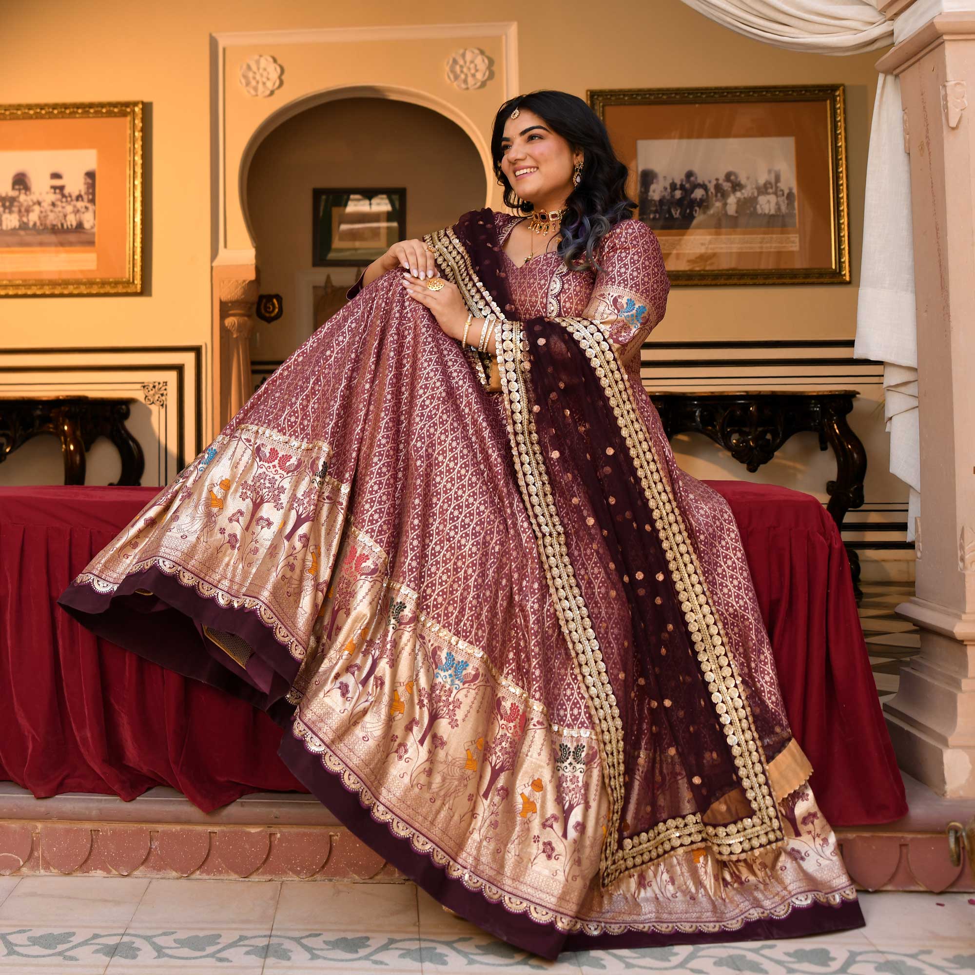Arunima - Deep Wine Banarasi Silk Anarkali Set