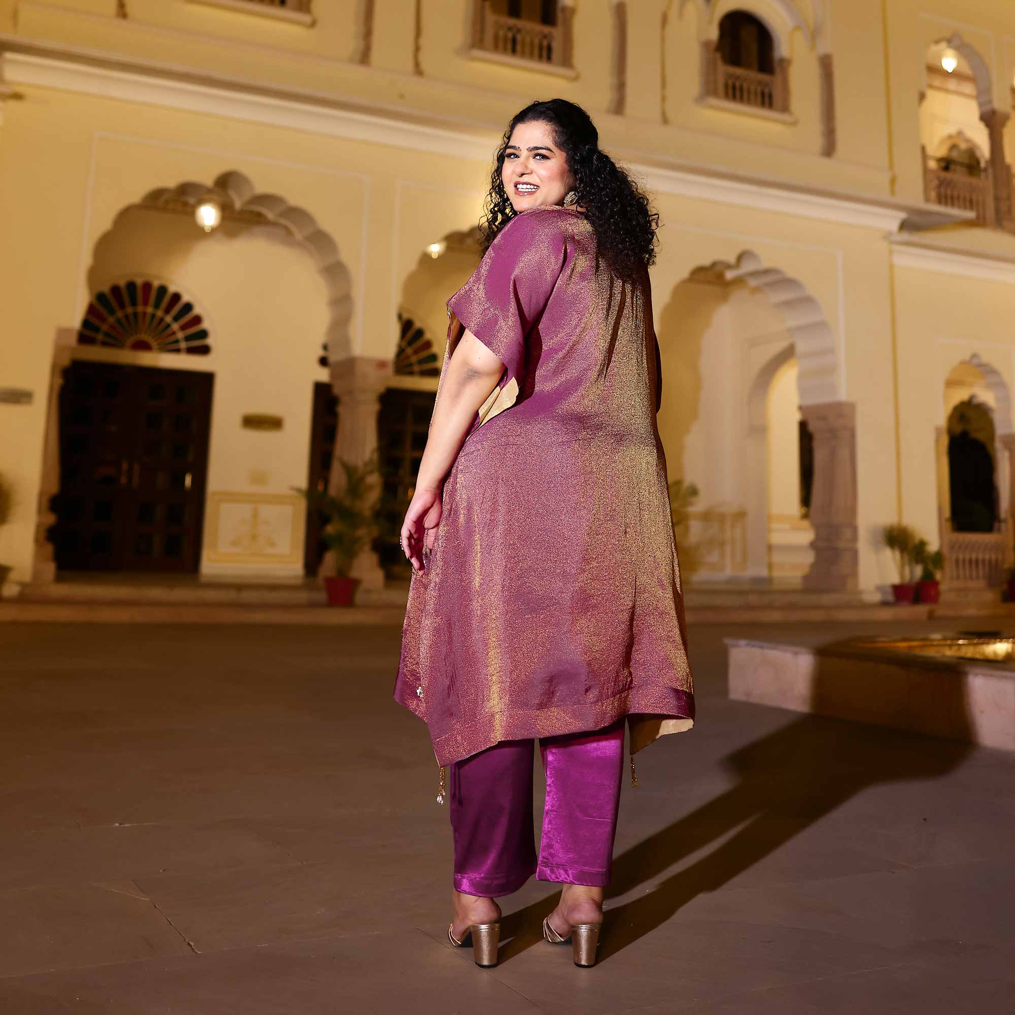 Gold & Plum Pure Tissue Silk Cutdana Kaftan Set