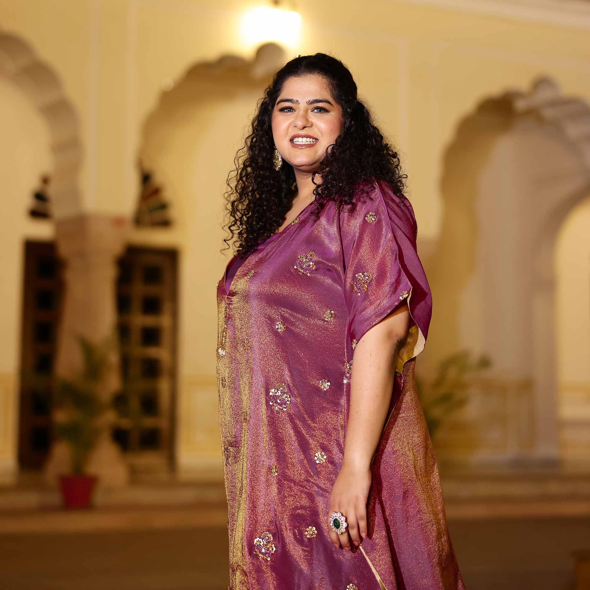 Gold & Plum Pure Tissue Silk Cutdana Kaftan Set