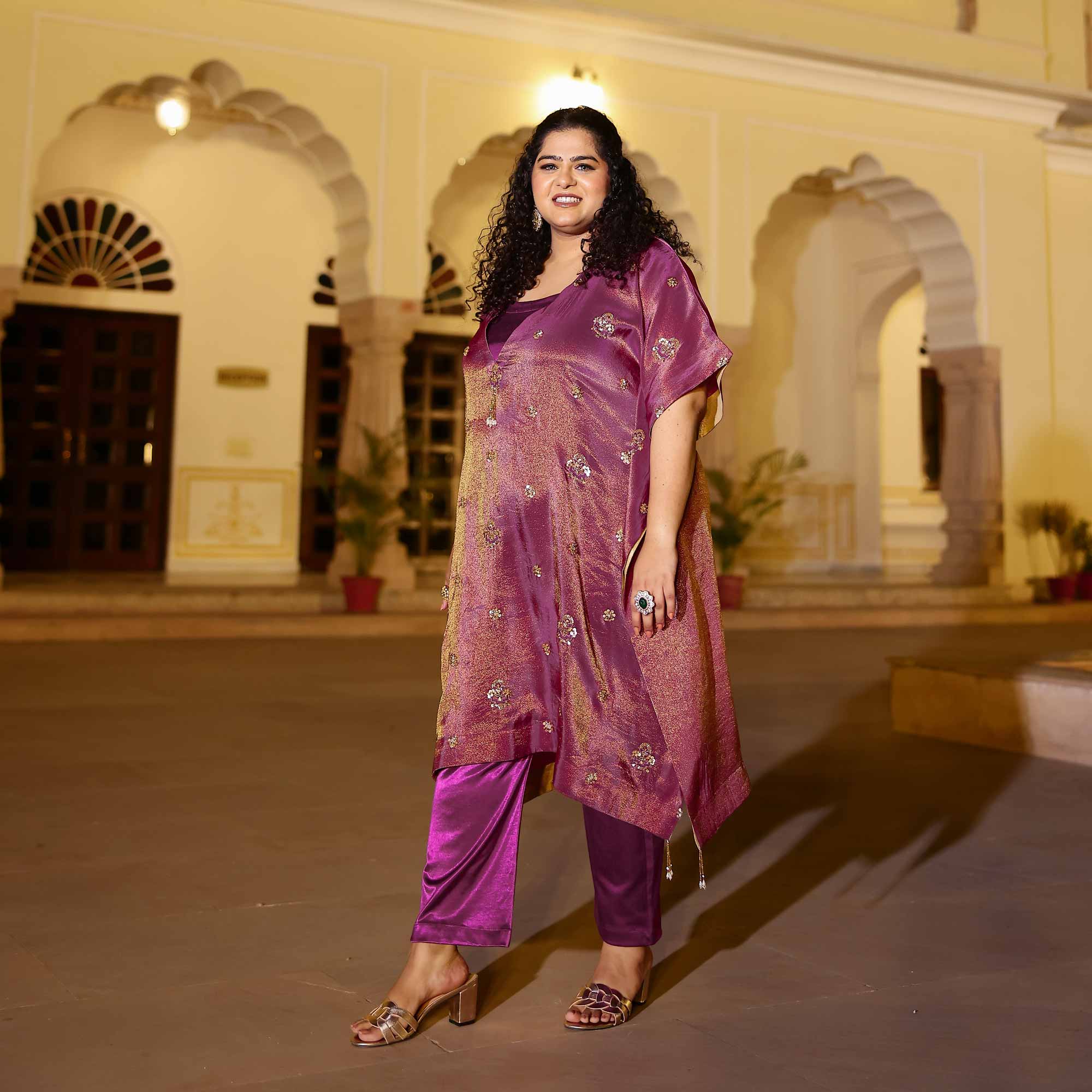 Gold & Plum Pure Tissue Silk Cutdana Kaftan Set