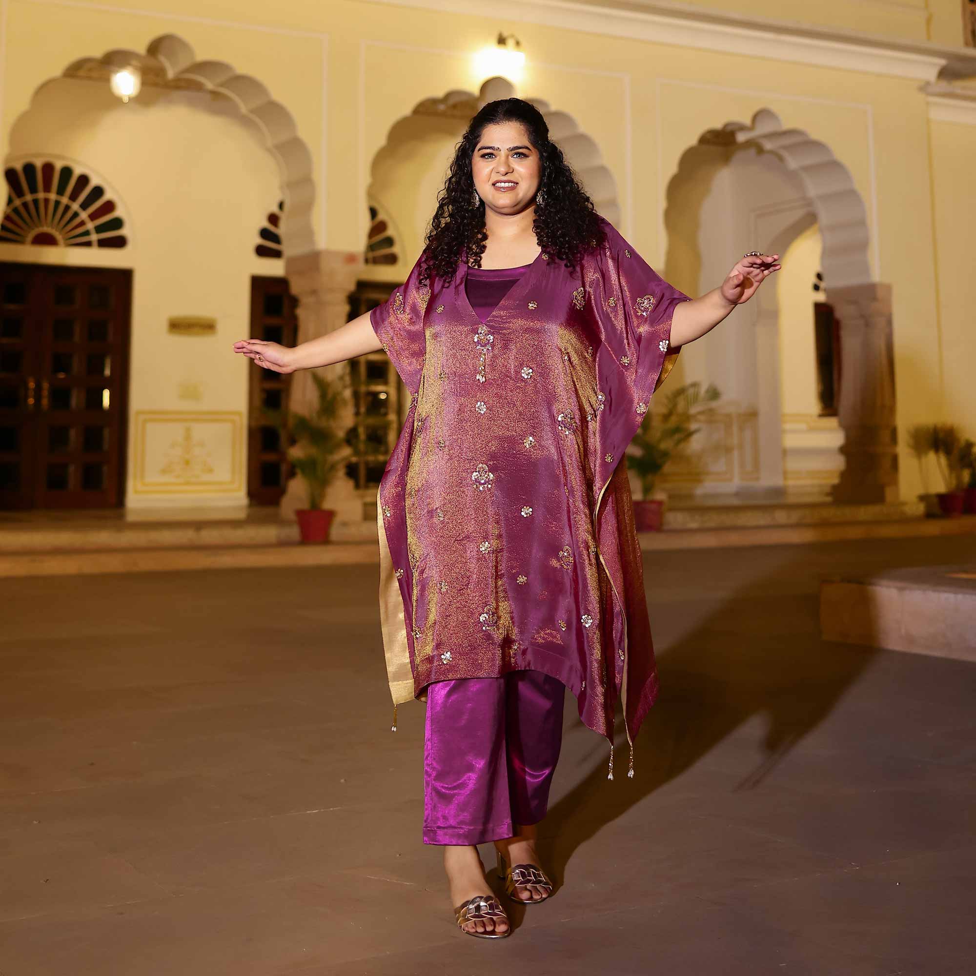 Gold & Plum Pure Tissue Silk Cutdana Kaftan Set