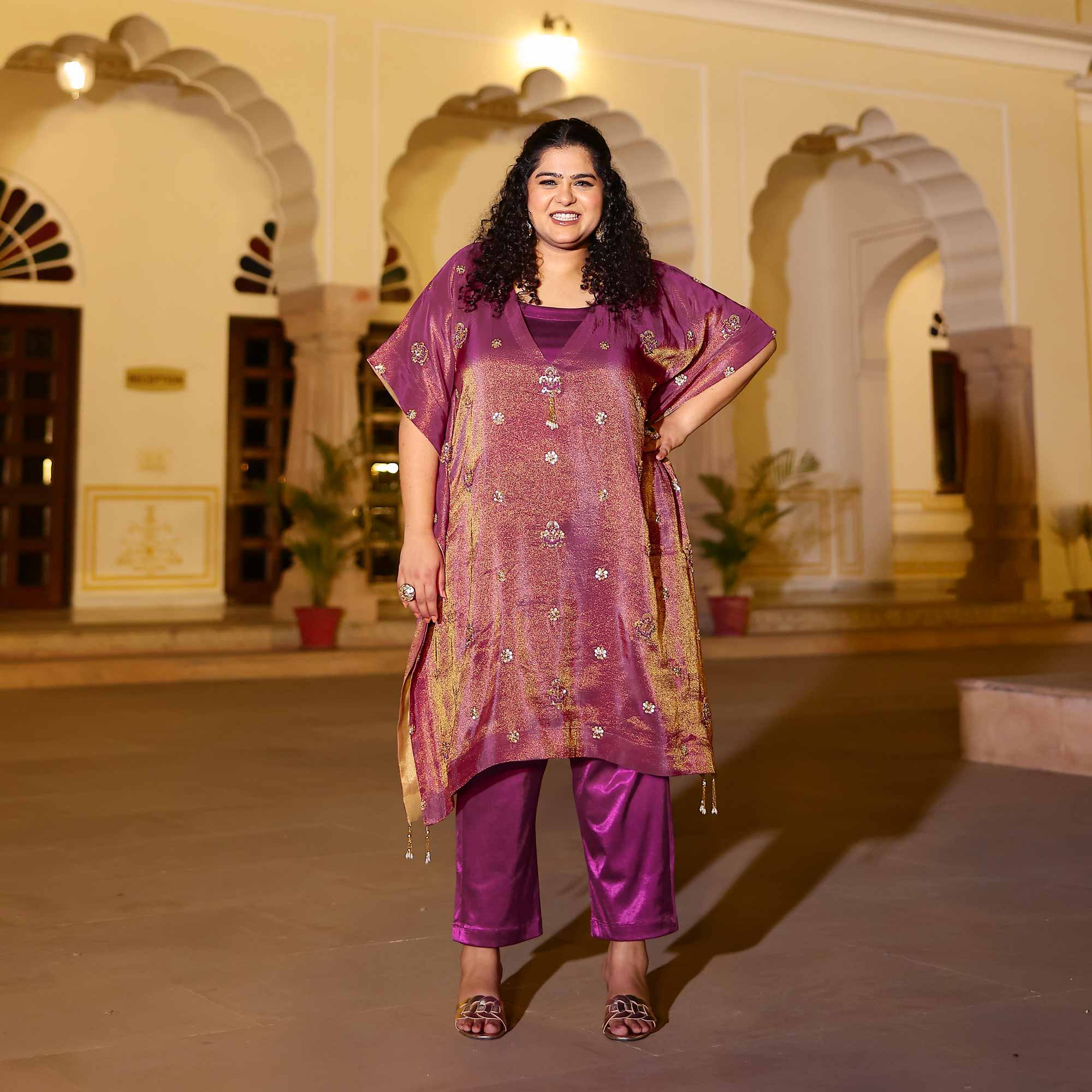 Gold & Plum Pure Tissue Silk Cutdana Kaftan Set