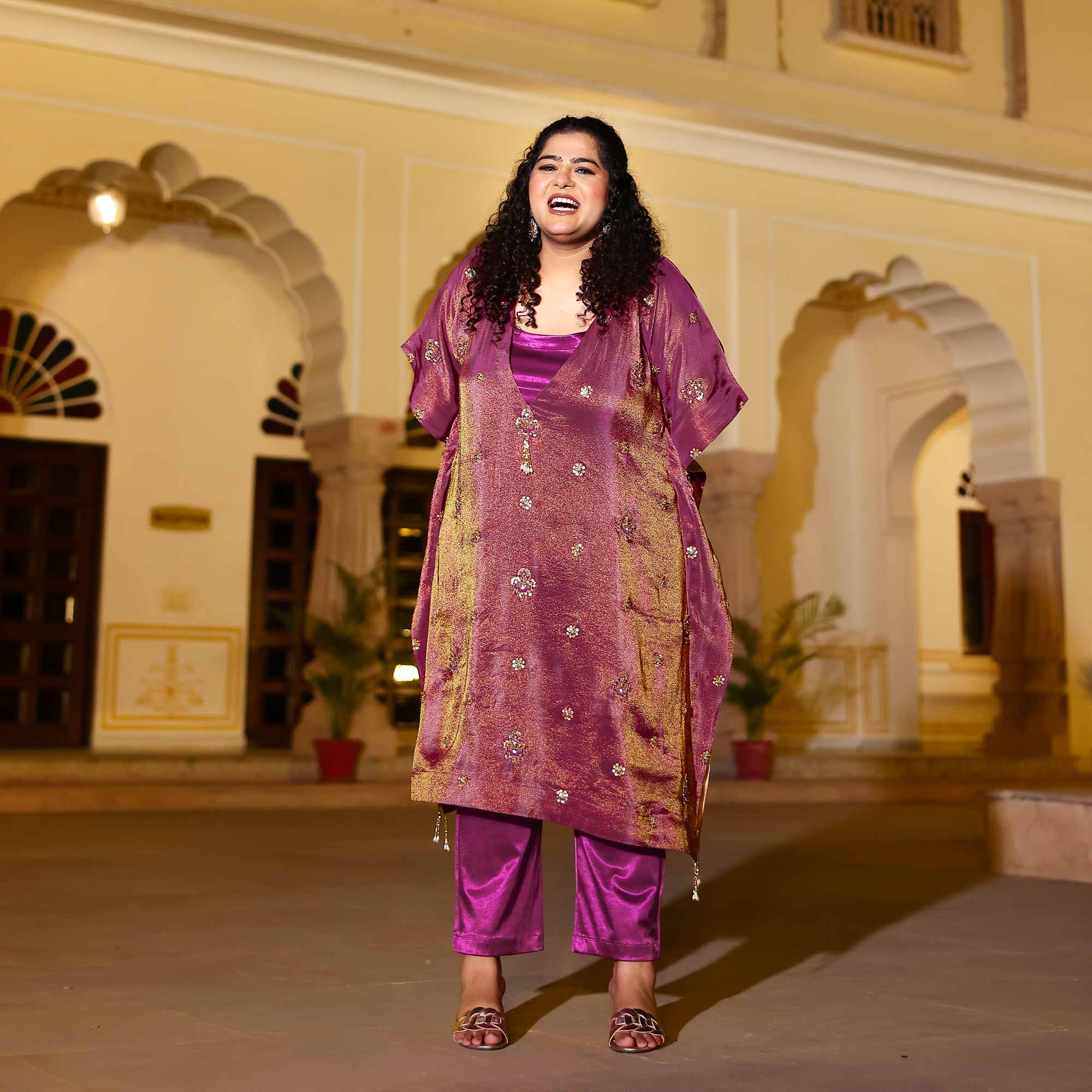 Gold & Plum Pure Tissue Silk Cutdana Kaftan Set