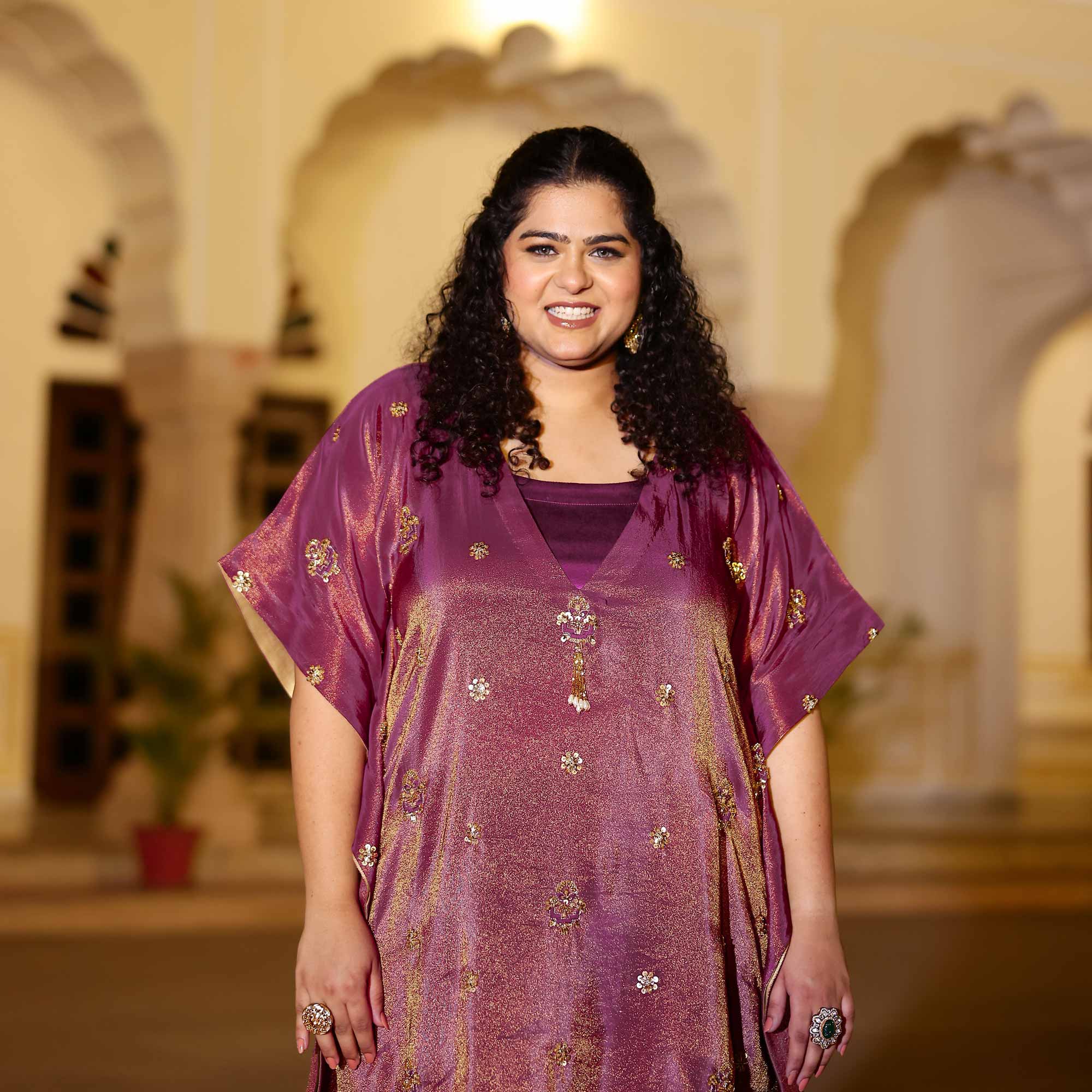 Gold & Plum Pure Tissue Silk Cutdana Kaftan Set